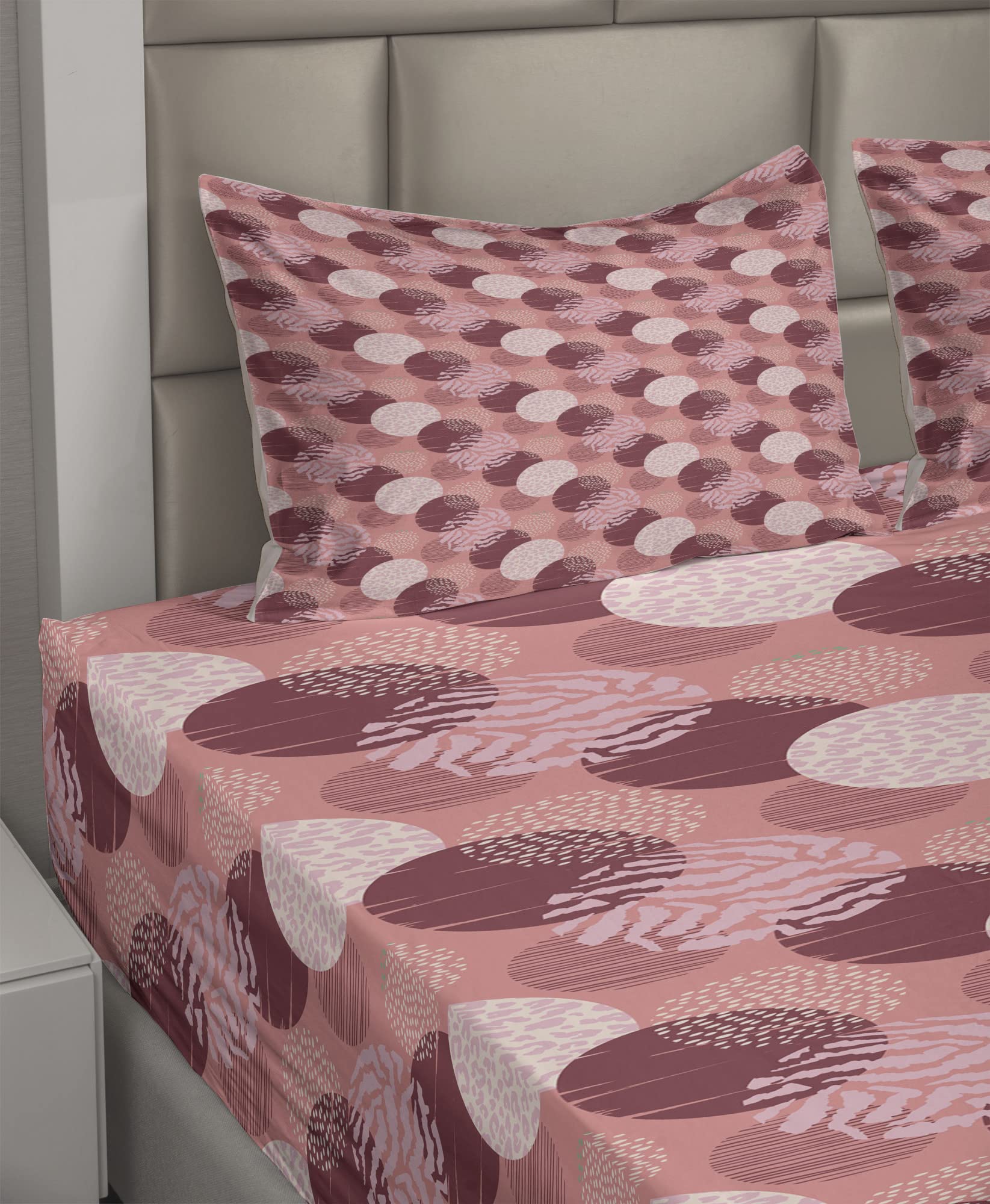 Ambesonne Abstract King Size 4-Piece Sheet Set - Round Motifs with Stripes, Polka Dots & Animal Prints - Fitted & Flat Sheets with Pillowcases - Pale Maroon Coral Bedding | Perfect for Modern Bedrooms, Guest Rooms & Dorm Decor