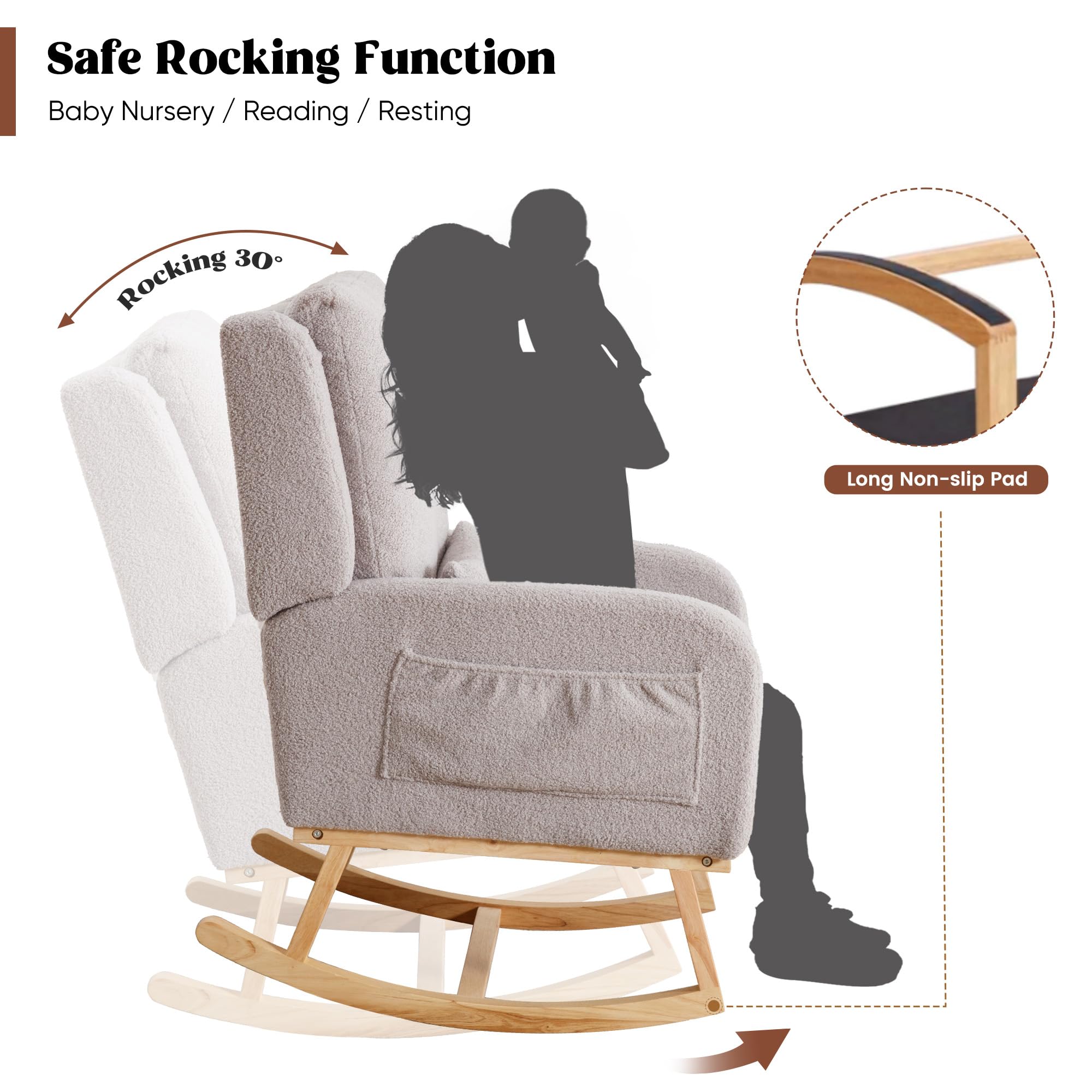 Sherpa Nursing Rocking Chair - Modern Upholstered Nursery Glider Rocker with Pillow for Mom, Baby Nursery, Living Room & Bedroom - Soft Teddy Light Grey - Perfect for Breastfeeding, Relaxing & Nursery Decor