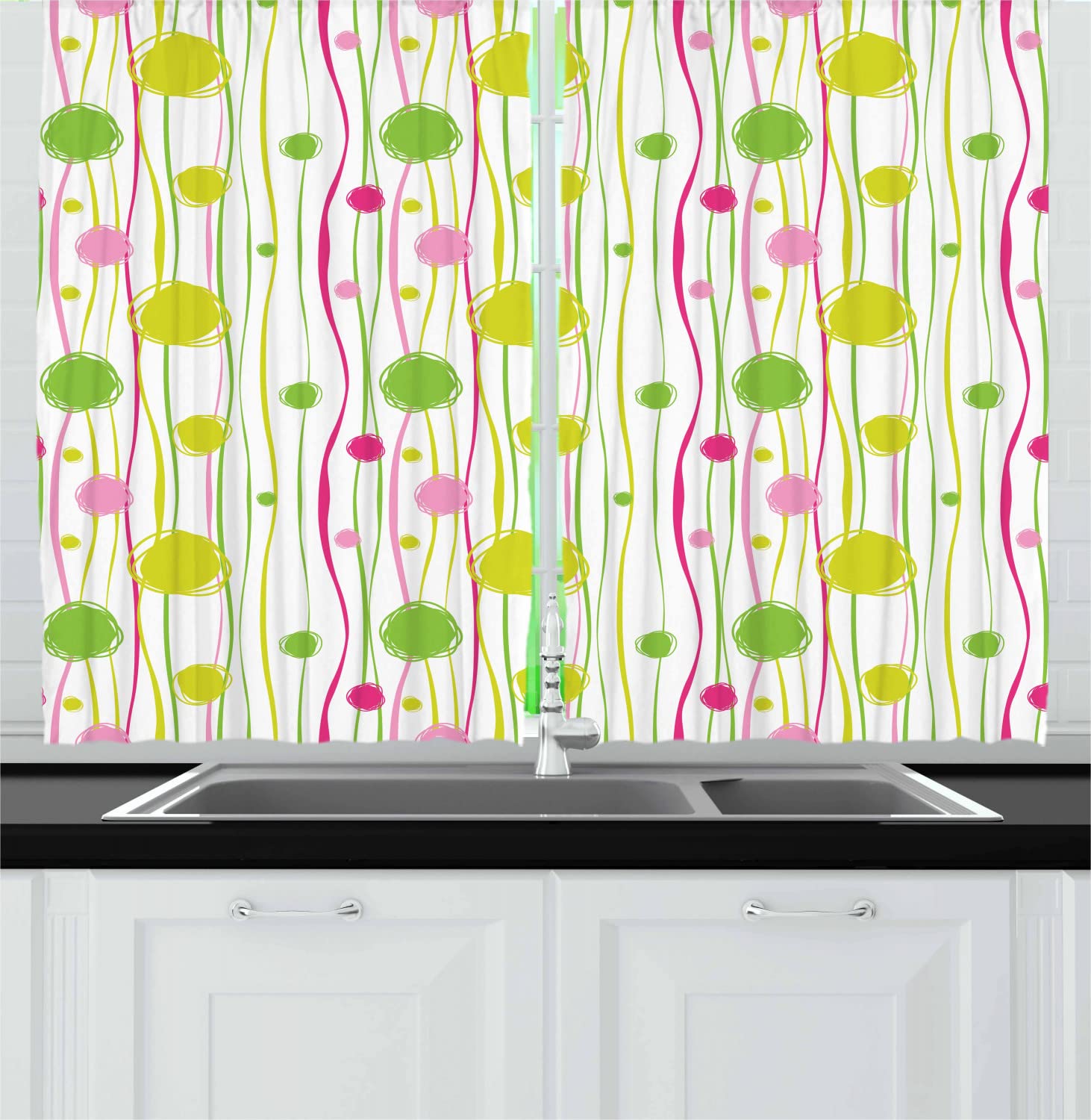 Ambesonne Green and Pink Long Kitchen Curtains - Doodle Style Wavy Stripes with Spots Design - 2 Panel Rod Pocket Drapes 55x45 Inch - Modern Window Treatment for Kitchen, Dining Room & Home Decor