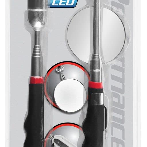 Performance Tool W1934 LED Lighted Magnetic Pickup Tool with Retriever & Inspection Mirror - Perfect for Auto Repair, Construction, and DIY Projects