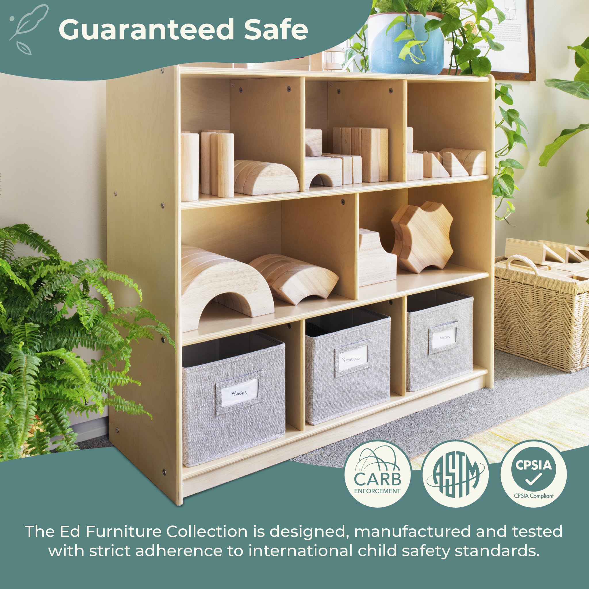 Guidecraft EdQ Three Shelf Wooden Storage Unit with 3 Fabric Bins - Kids Bookshelf & Toy Organizer for Homeschool, Classroom, Playroom & Bedroom Organization