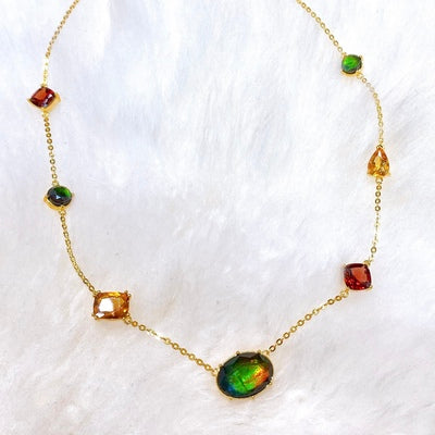 18K Gold Vermeil Ammolite Necklace with Garnet & Citrine | Elegant Radiant Station Pendant for Women | Perfect for Weddings, Parties & Special Occasions