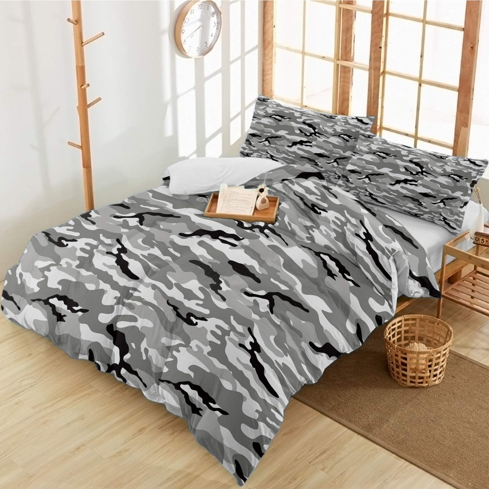 Z&L Army Camouflage Duvet Cover Set 3Pcs - Full Size Luxury Soft Microfiber Bedding with Pillowcases (Grey/White/Black) for Men, Women & Teens | Perfect for Military Theme Bedrooms, Dorm Rooms & Outdoor Enthusiasts