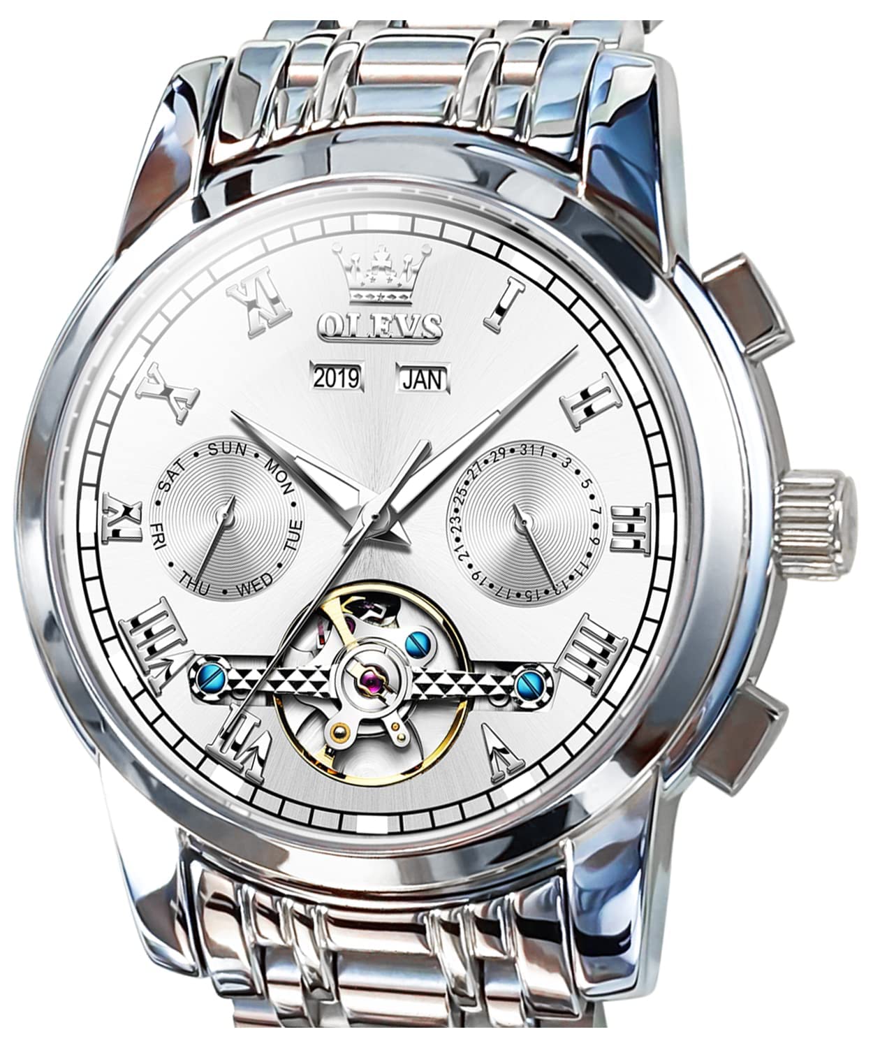 OLEVS Automatic Self-Winding Men's Watch - Stainless Steel Tourbillon Mechanical Watch with Luminous Hands, Waterproof Luxury Dress Wristwatch for Business, Formal Events & Daily Wear