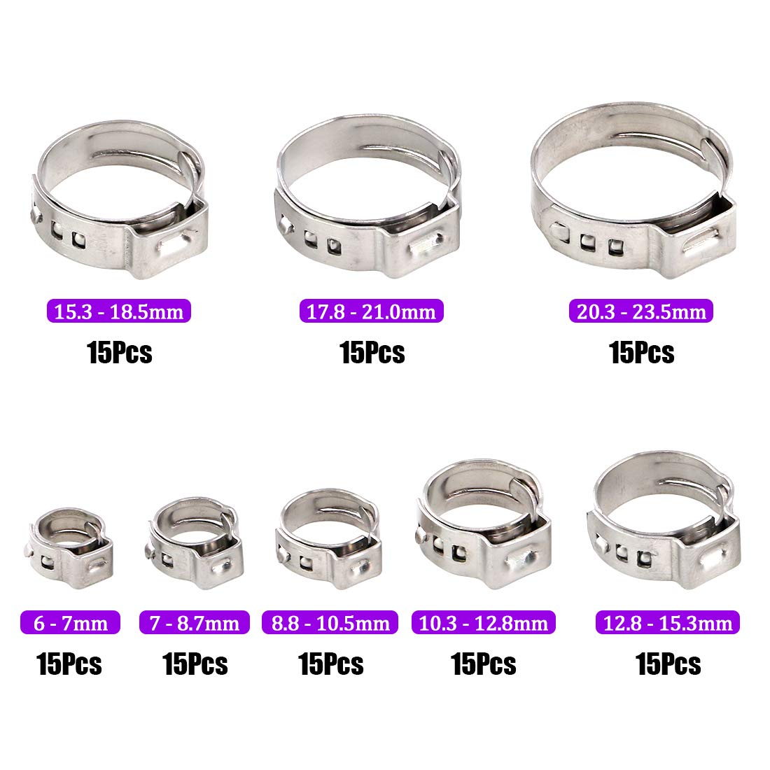 Swpeet 155Pcs Single Ear Hose Clamps Assortment Kit - Stainless Steel Hose Clamp Set for Automotive, Plumbing & Marine Applications - Perfect for Pipe Repair, Water Lines & Fuel Hoses