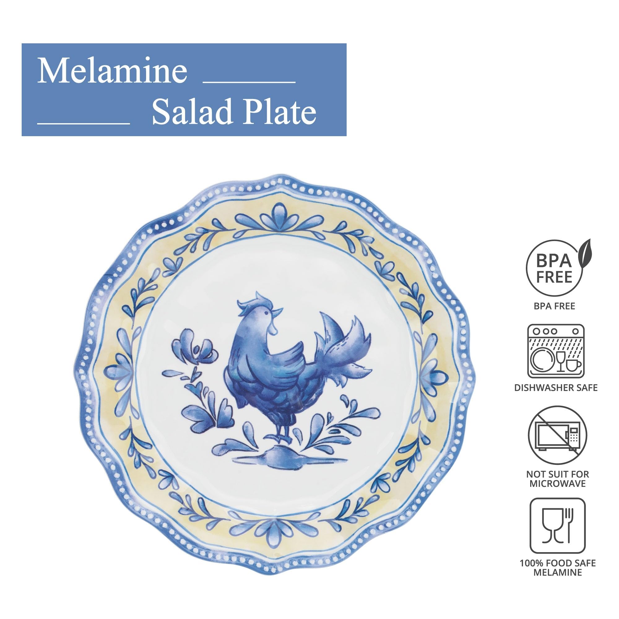 UPware Melamine Salad Plate Set of 6 - BPA-Free, Dishwasher Safe 8.5 Inch Round Plates for Risotto, Pasta, Salad & Appetizers - Blue Rooster Design - Perfect for Dinner Parties, Picnics & Outdoor Dining