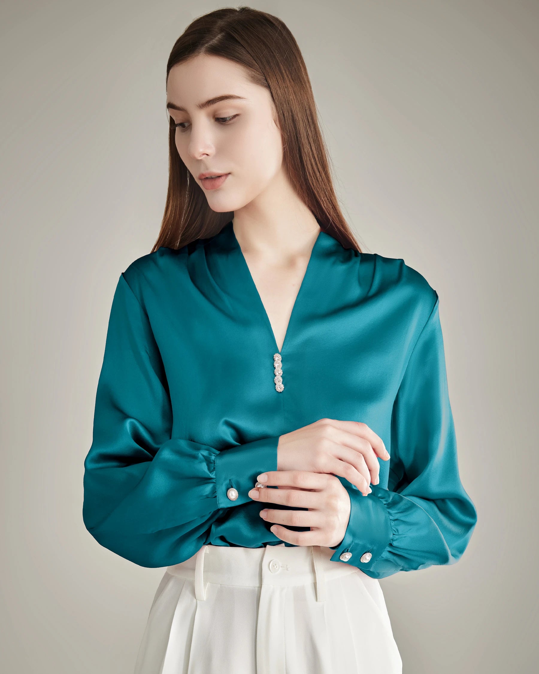 Elegant Women's Rhinestone Buttons Silk Blouse - Formal & Party Wear for Office, Dinner & Special Occasions