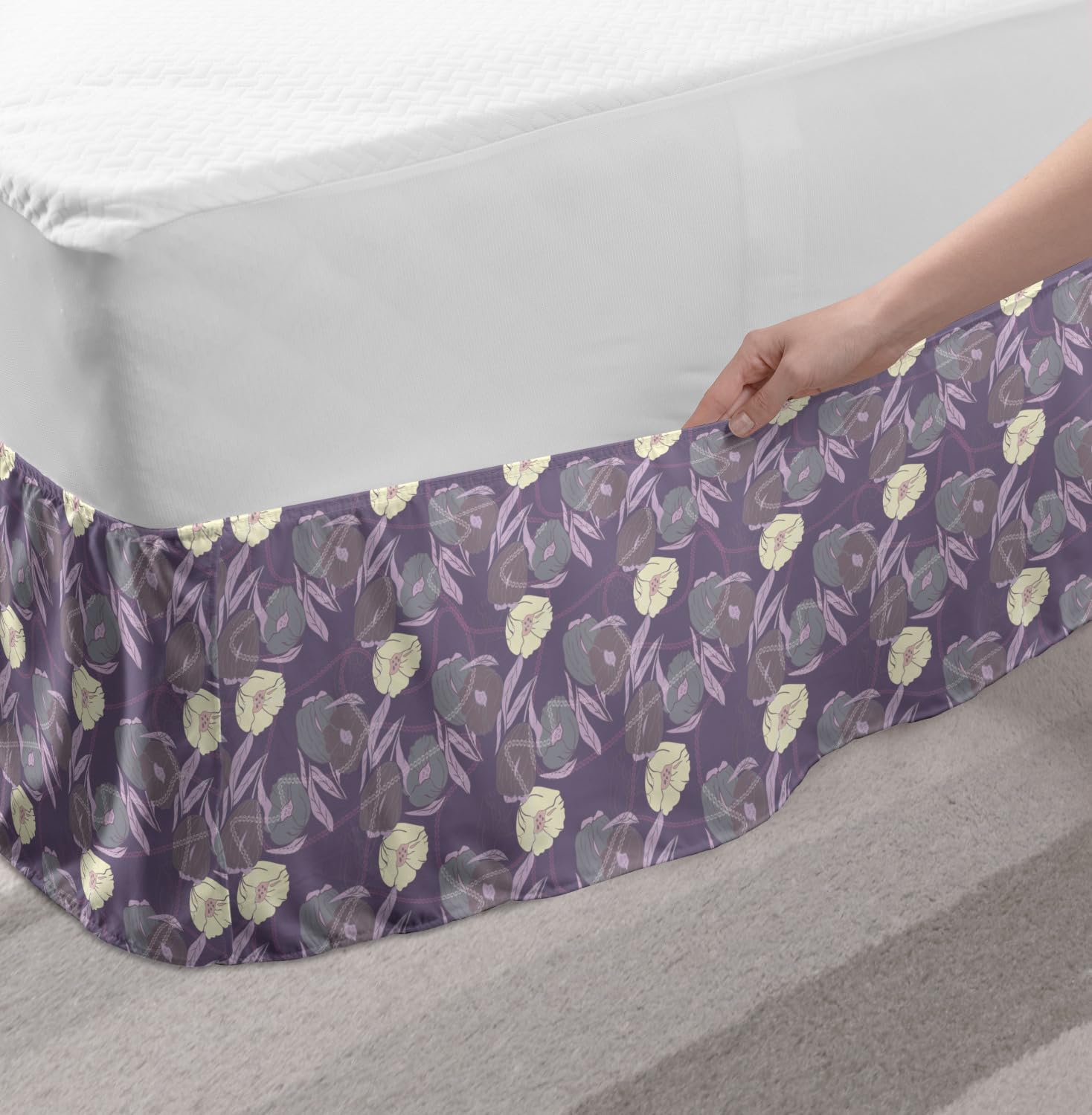 Ambesonne Floral Bed Skirt - King Size Pale Purple & Cream Elastic Dust Ruffle Wrap | Botanical Abstract Poppies Tulips Leaves Design | Perfect for Bedroom Decor, Guest Room Styling & Luxury Hotel Aesthetics