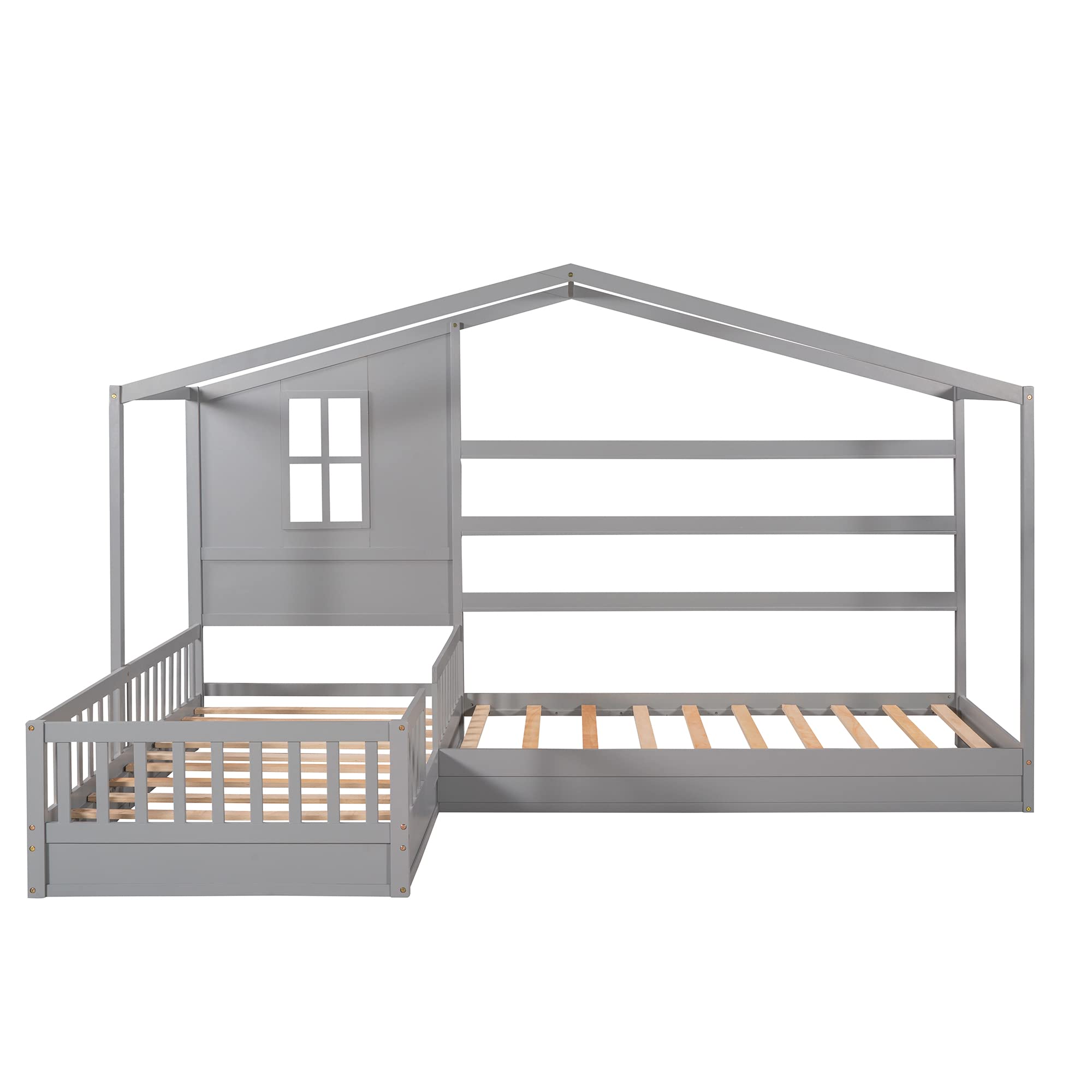 MERITLINE L-Shaped Twin Beds for Kids - Wooden Bunk Beds with Safety Fence & Playhouse Roof - Space-Saving Corner Bedroom Furniture for Siblings - No Box Spring Needed (Gray) - Perfect for Shared Kids' Rooms & Small Spaces