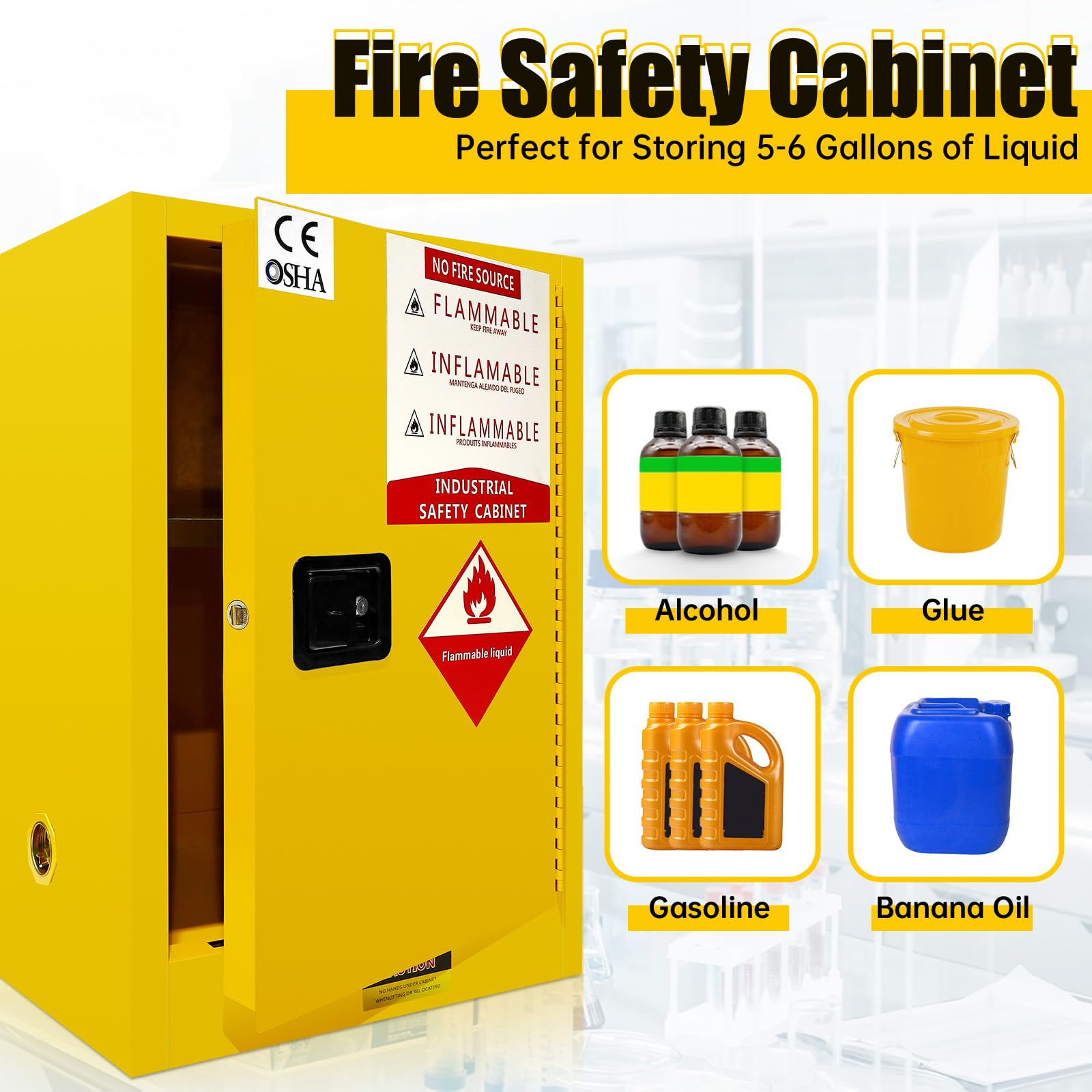 Flammable Safety Cabinet - 23.23x18.11x35.5 Inch Yellow Galvanized Steel Storage Cabinet with Adjustable Shelves for Chemicals, Paint & Hazardous Materials | Garage, Workshop & Laboratory Use
