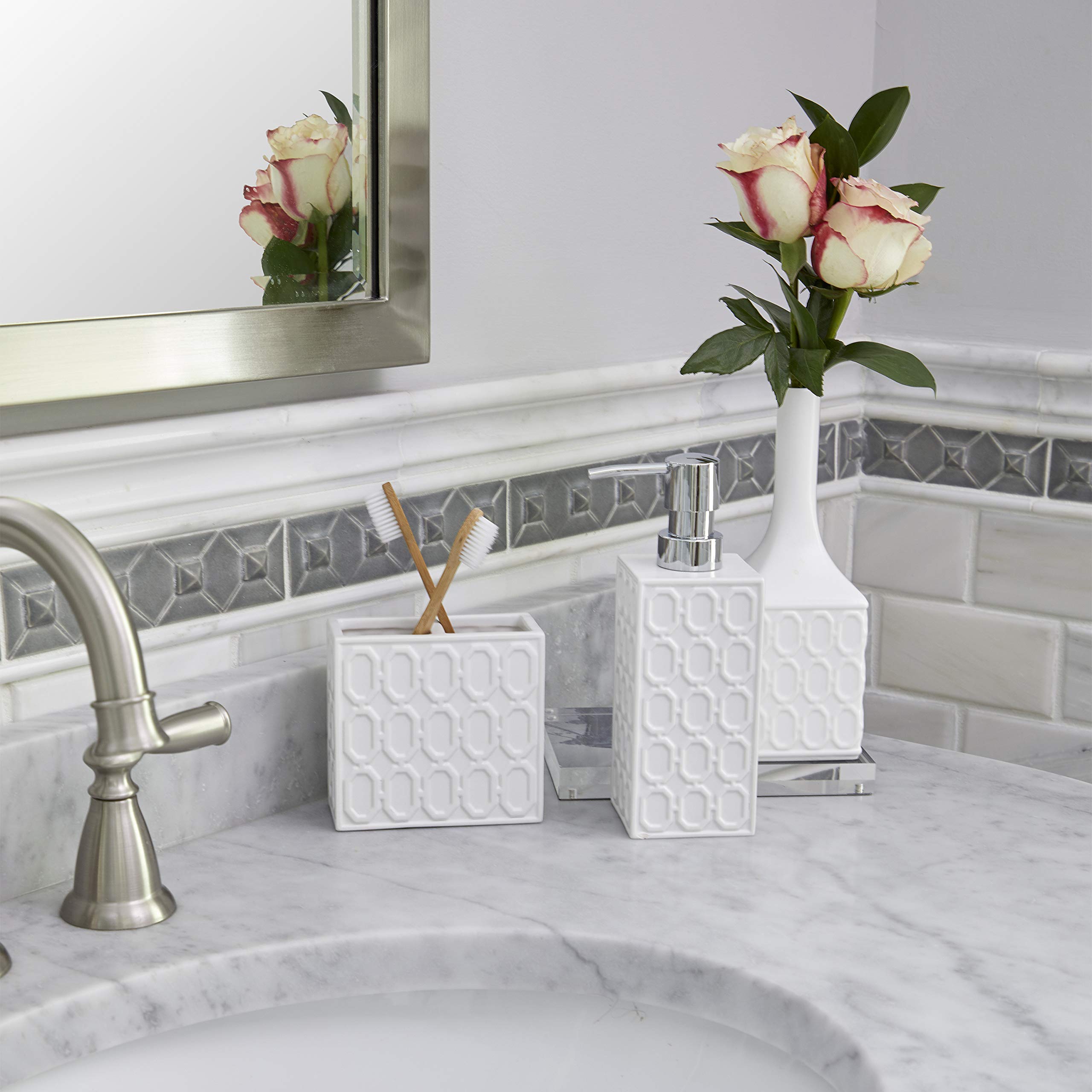 Vern Yip by SKL Home Lithgow White Soap Dispenser - Modern Touch-Free Liquid Soap Dispenser for Kitchen, Bathroom, and Office | Elegant Ceramic Design