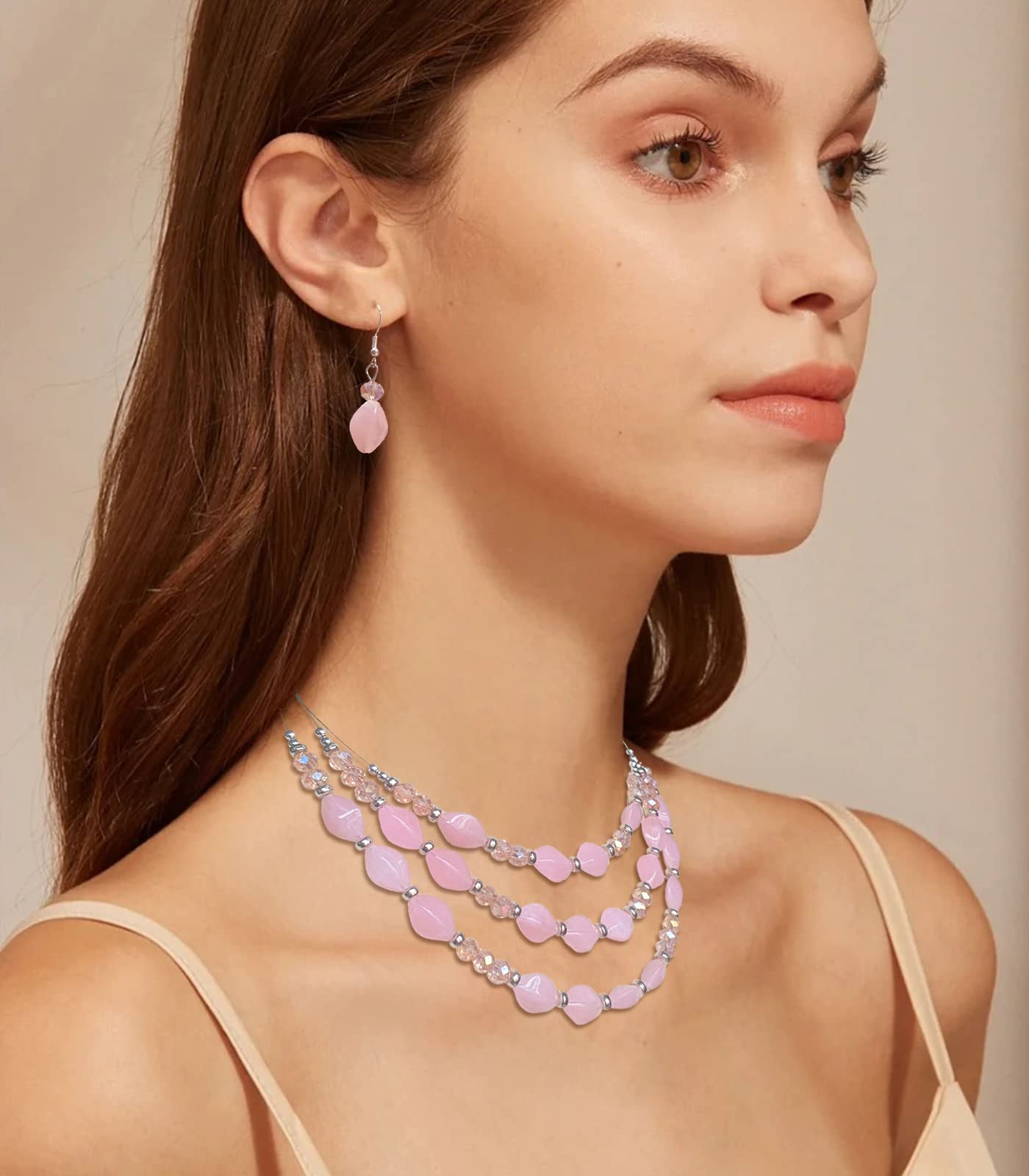 3-Layer Chunky Statement Necklace Set for Women - Beaded Strand Necklace with Matching Earrings - Fashion Jewelry Gift Set for Parties, Weddings & Special Occasions