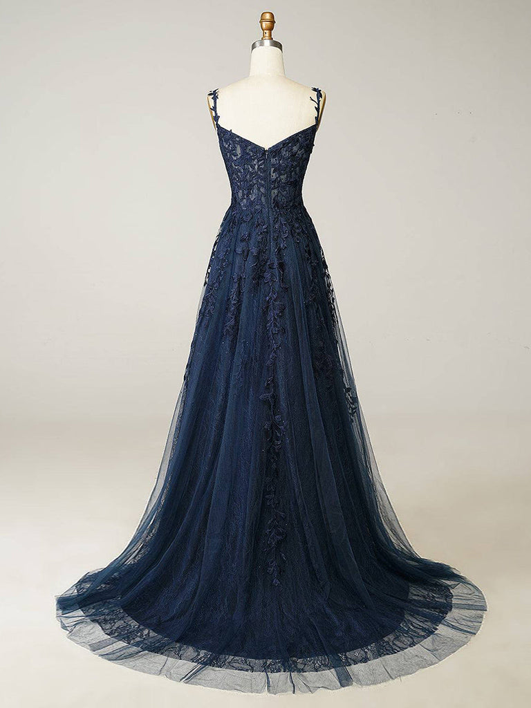 Elegant A-Line Sweetheart Neck Tulle Lace Dark Blue Long Prom Dress | Formal Evening Gown for Homecoming, Ball & Special Occasions