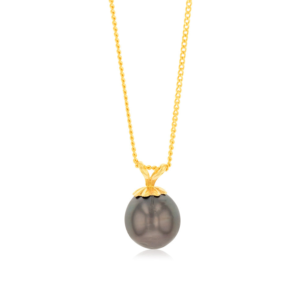 9ct Yellow Gold 8-10mm Tahitian Pearl Pendant Necklace with 45cm Chain - Elegant Jewelry Gift for Women, Perfect for Weddings & Special Occasions