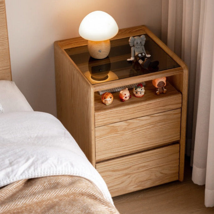 Solid Oak Wood Nightstand with Glass Top - Modern Movable Bedside Table for Bedroom, Living Room, or Office
