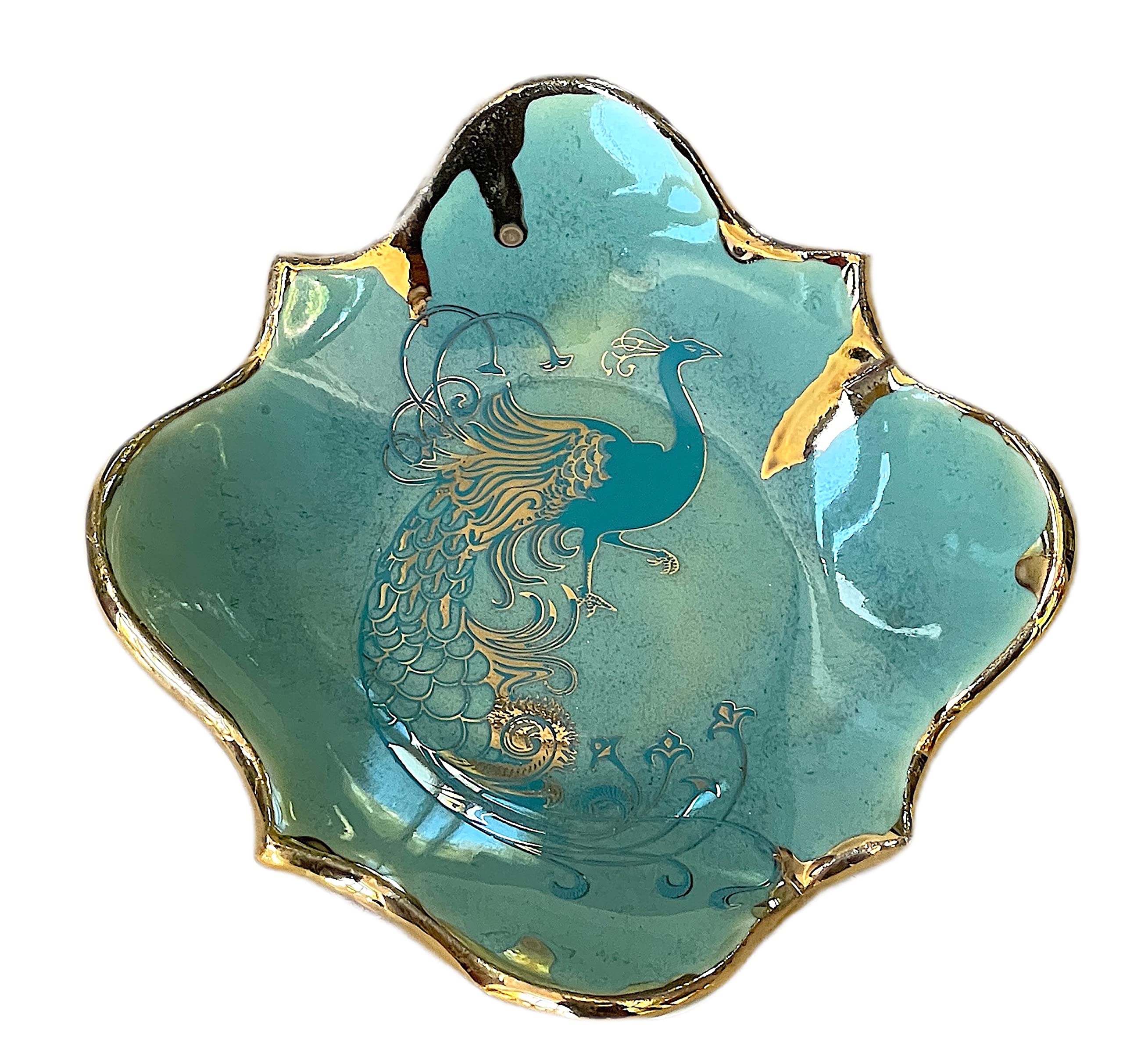 Handmade Celadon Green & Gold Peacock Ceramic Jewelry Dish Ring Holder - Perfect Gift for Women (Mom, Wife, Daughter, Sister, Girlfriend, Bride) - Ideal for Birthdays, Christmas, Anniversaries, Bridal Showers & Holidays - Elegant Jewelry Organizer for Dresser, Vanity & Nightstand