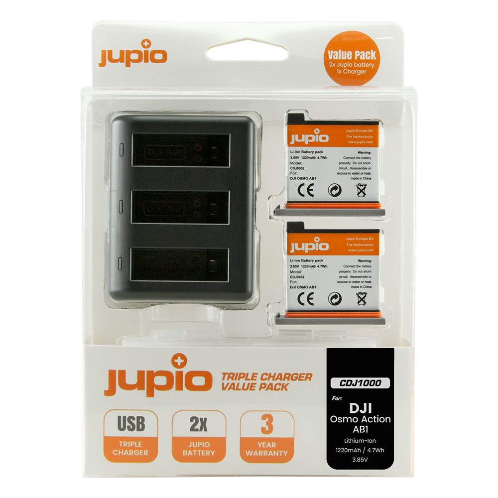 Jupio 2-Pack AB1 3.85V 1220mAh Rechargeable Lithium-Ion Batteries with Compact USB Triple Charger - Perfect for Digital Cameras, Wireless Devices & Portable Electronics