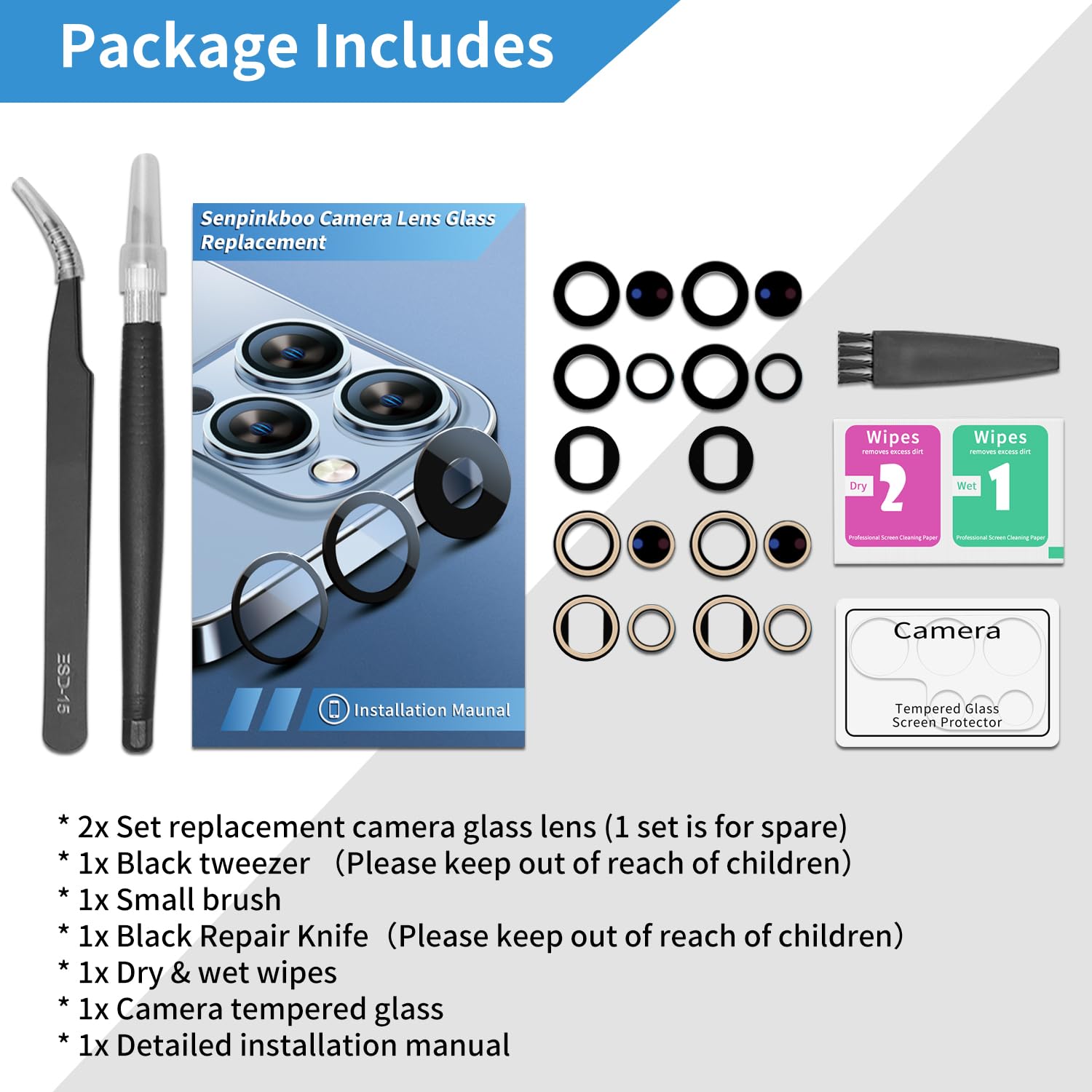 2 Pack Samsung Galaxy S23 Ultra Rear Camera Lens Glass Replacement with Pre-Installed Adhesive - Includes Repair Tools, Installation Manual & Lens Protector for DIY Phone Repair & Protection
