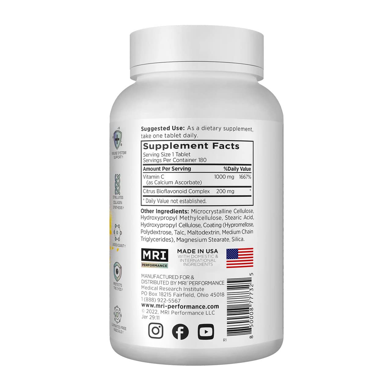 MRI Performance Vitamin C 1000mg Vegetarian Tablets - 180 Count | Antioxidant, Immune Support, Collagen Boost, Eye Health with Citrus Bioflavonoids | Daily Wellness Supplement for Adults & Seniors