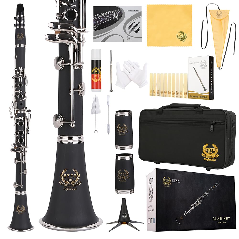 Professional Bb Clarinet with 17 Nickel Keys - Ideal Woodwind Instrument for Beginners & Students - Includes Hard Case, Stand, 10 Reeds & Cleaning Kit (Black/Silver) - Perfect for School Band, Orchestra & Music Practice
