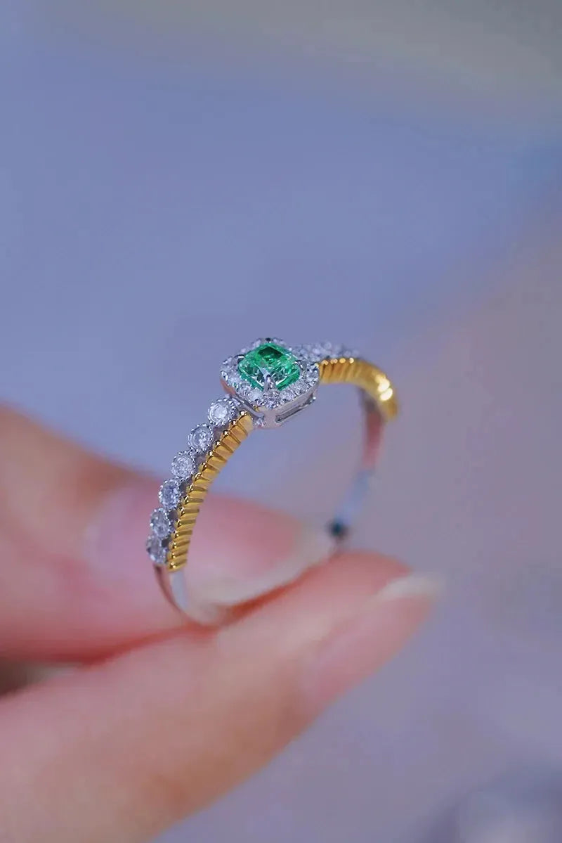 18K White & Yellow Gold Green Diamond Ring for Women - Elegant Square Design, Romantic Wedding Jewelry - Perfect for Engagement, Anniversary & Special Occasions