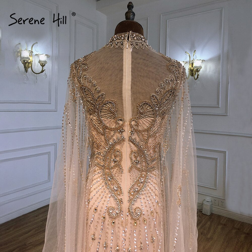 Serene Hill 2025 Luxury Grey Nude Cape Sleeve Beaded Mermaid Evening Gown - Elegant Sexy Women's Formal Dress for Prom, Gala & Special Occasions