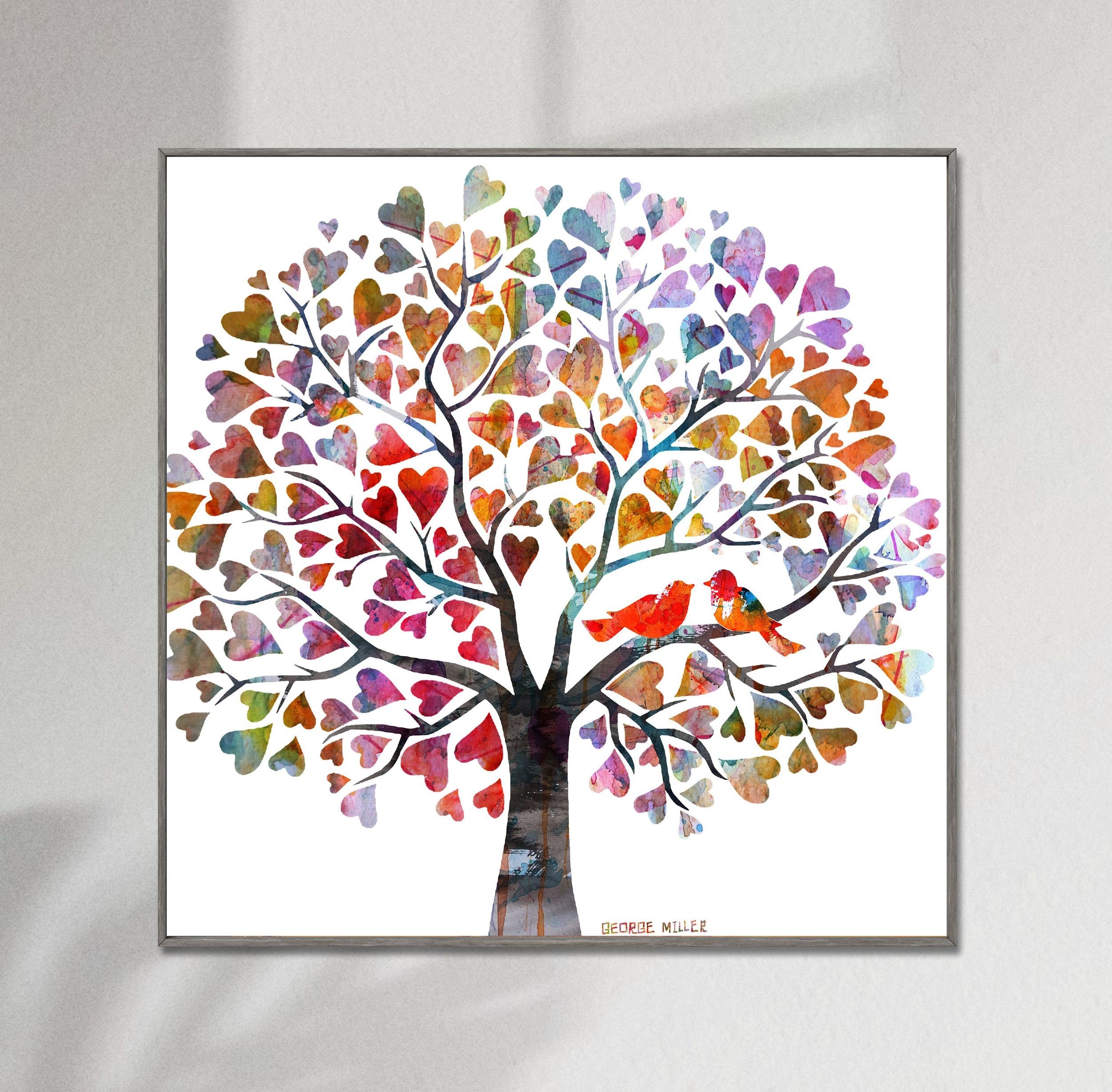Tree with Love Birds Canvas Print - Modern Abstract Landscape Wall Art Painting for Home Decor, Wedding Gift & Living Room
