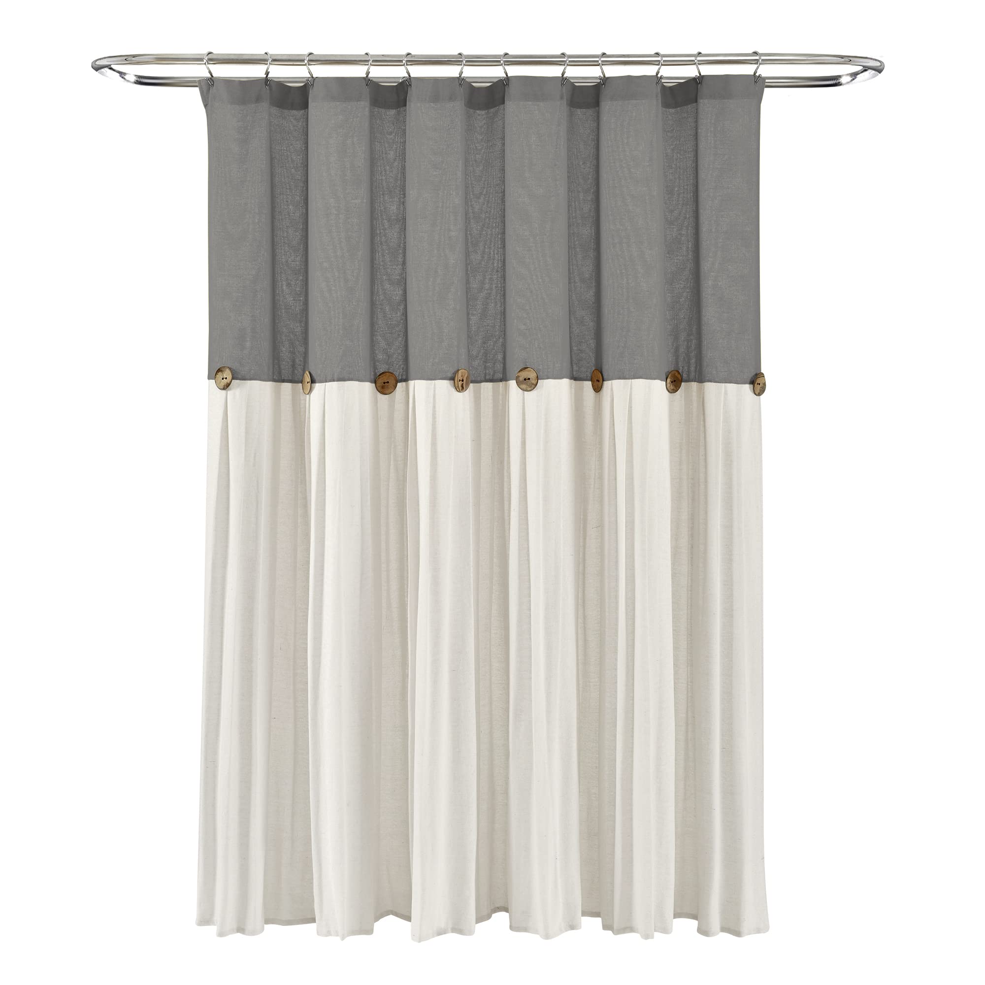 Rustic Linen Shower Curtain with Coconut Buttons - Dark Gray & White Farmhouse Bath Decor for Modern Bathrooms