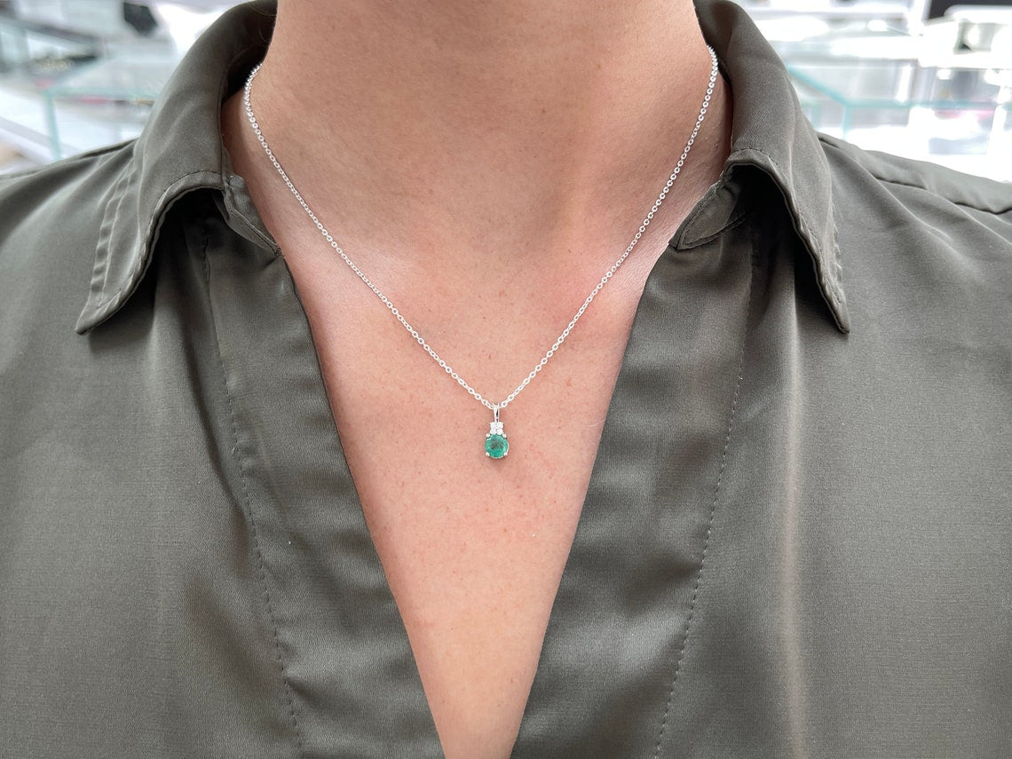 0.90tcw Petite Natural Emerald Round Cut Diamond Accent 14K White Gold Pendant Necklace - Elegant Gift for Women, Perfect for Weddings, Anniversaries & Special Occasions