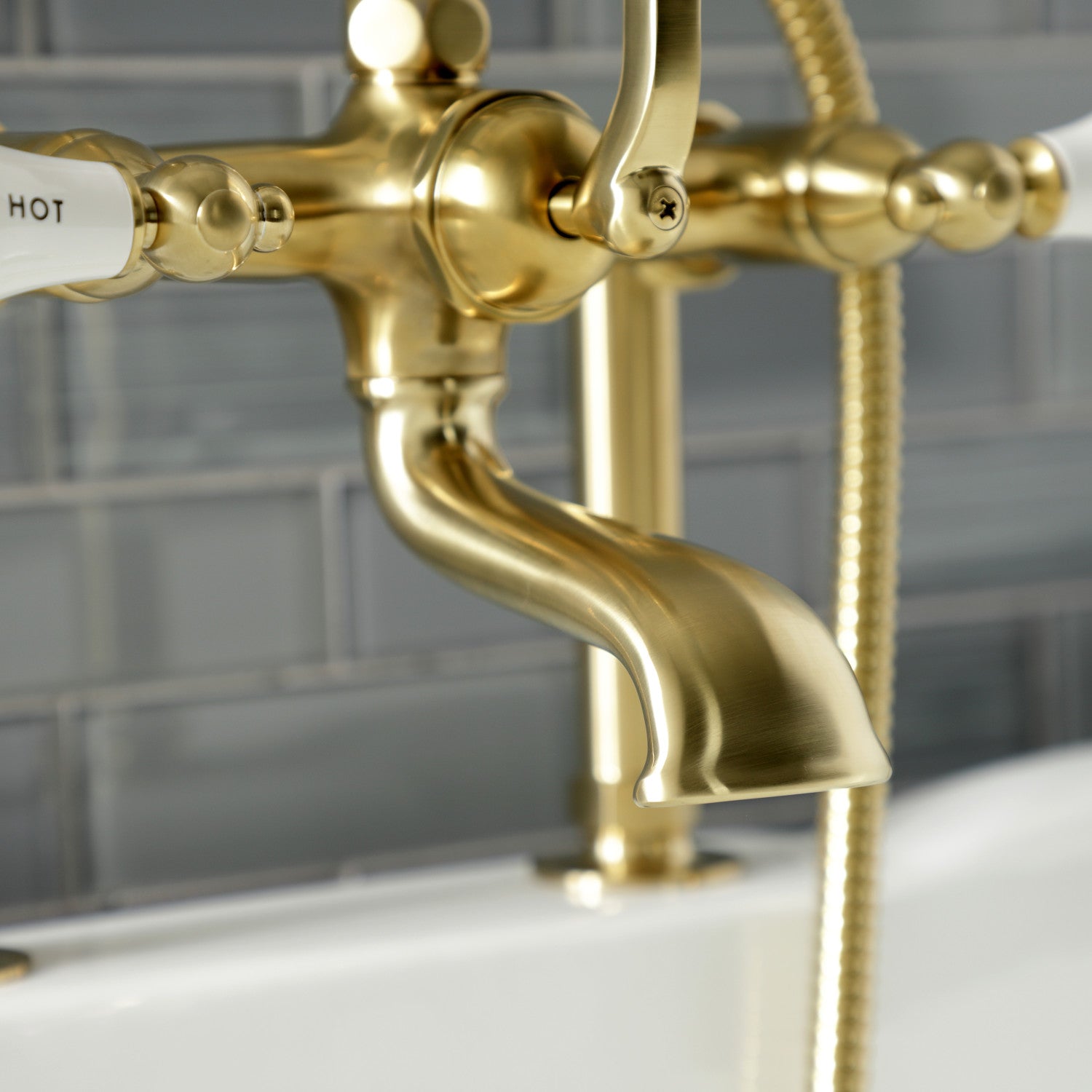 Vintage Clawfoot Tub Faucet with Hand Shower - 3-Handle 2-Hole Deck Mount in Brushed Brass for Bathroom & Spa Relaxation | Aqua AE107T7
