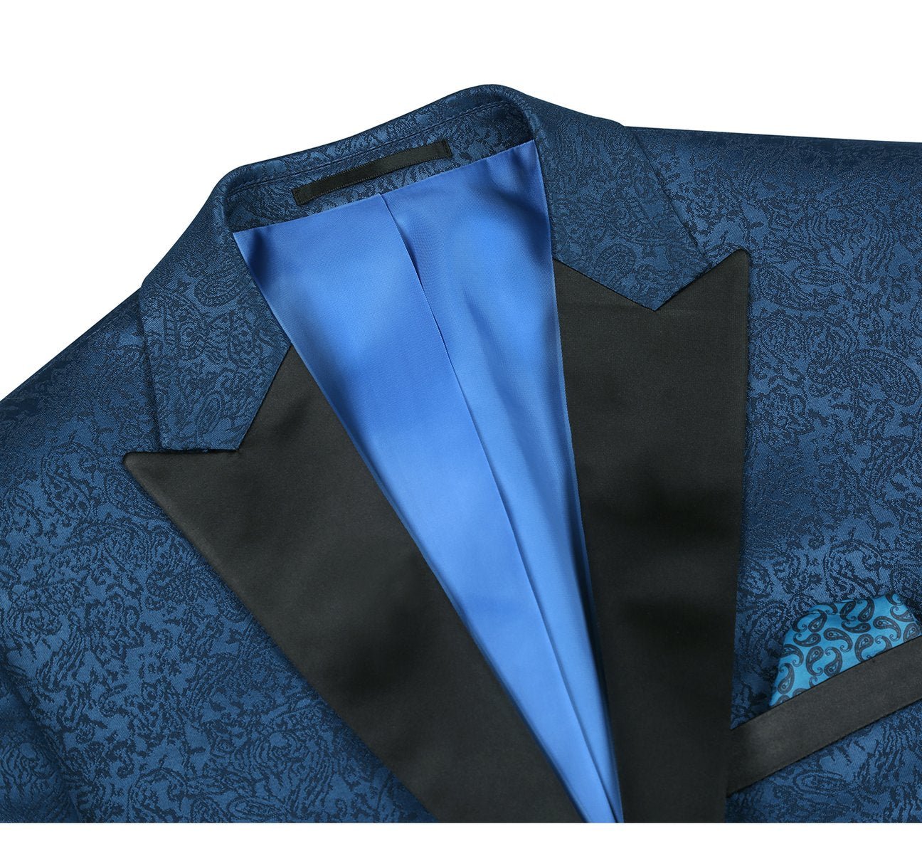 Alessandro Vitello by Renoir Dark Blue Slim Fit Peak Lapel Tuxedo Blazer with Embroidered Pattern - Formal Menswear for Weddings, Galas & Evening Events (Size 290-4)