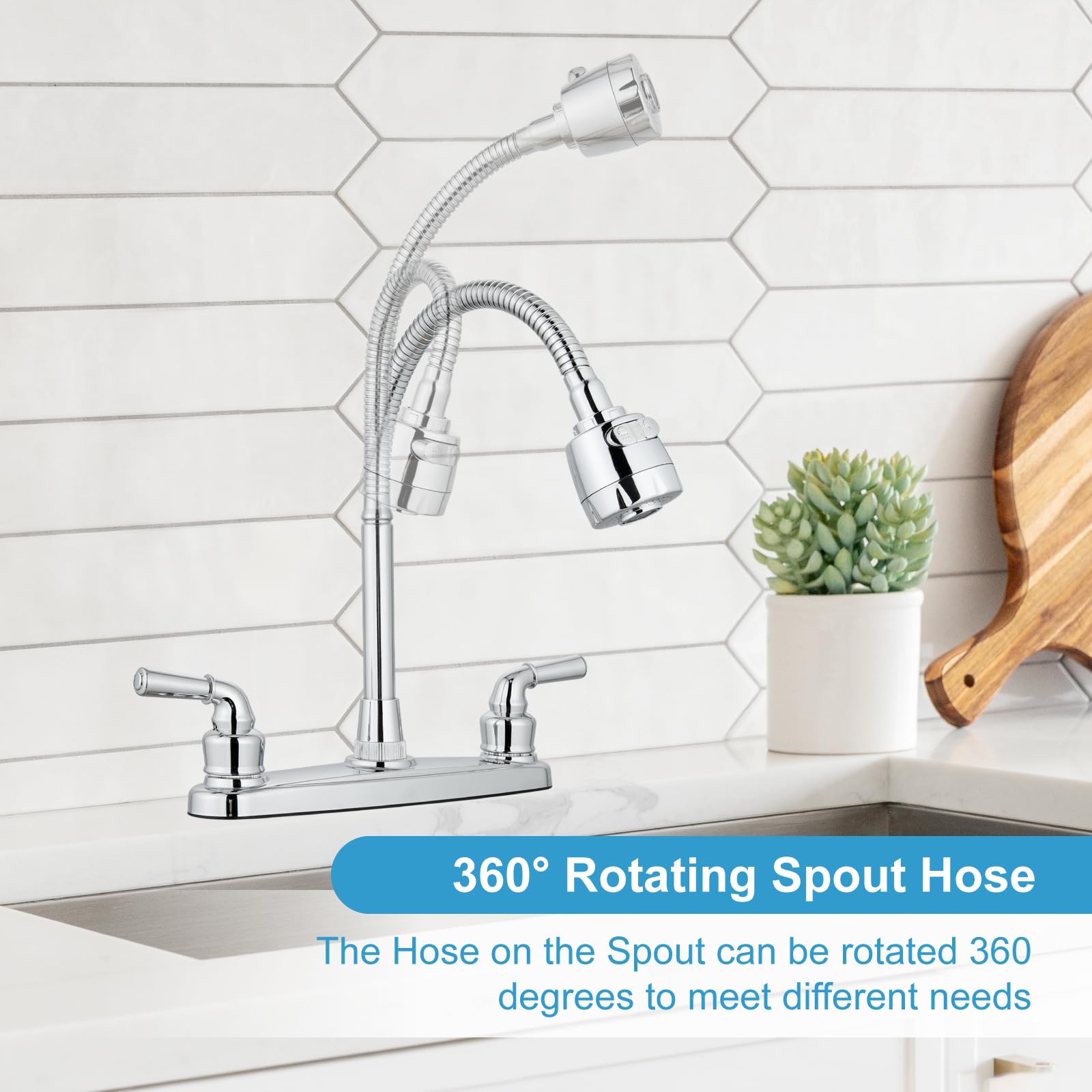 360° Swivel RV Kitchen Faucet - 8 Inch Deck Mount Camper Sink Faucet with Flexible Spout, Polished Chrome Water Mixer Tap for Motorhome, Travel Trailer & Tiny House (Perfect for Outdoor Cooking & Compact Spaces)