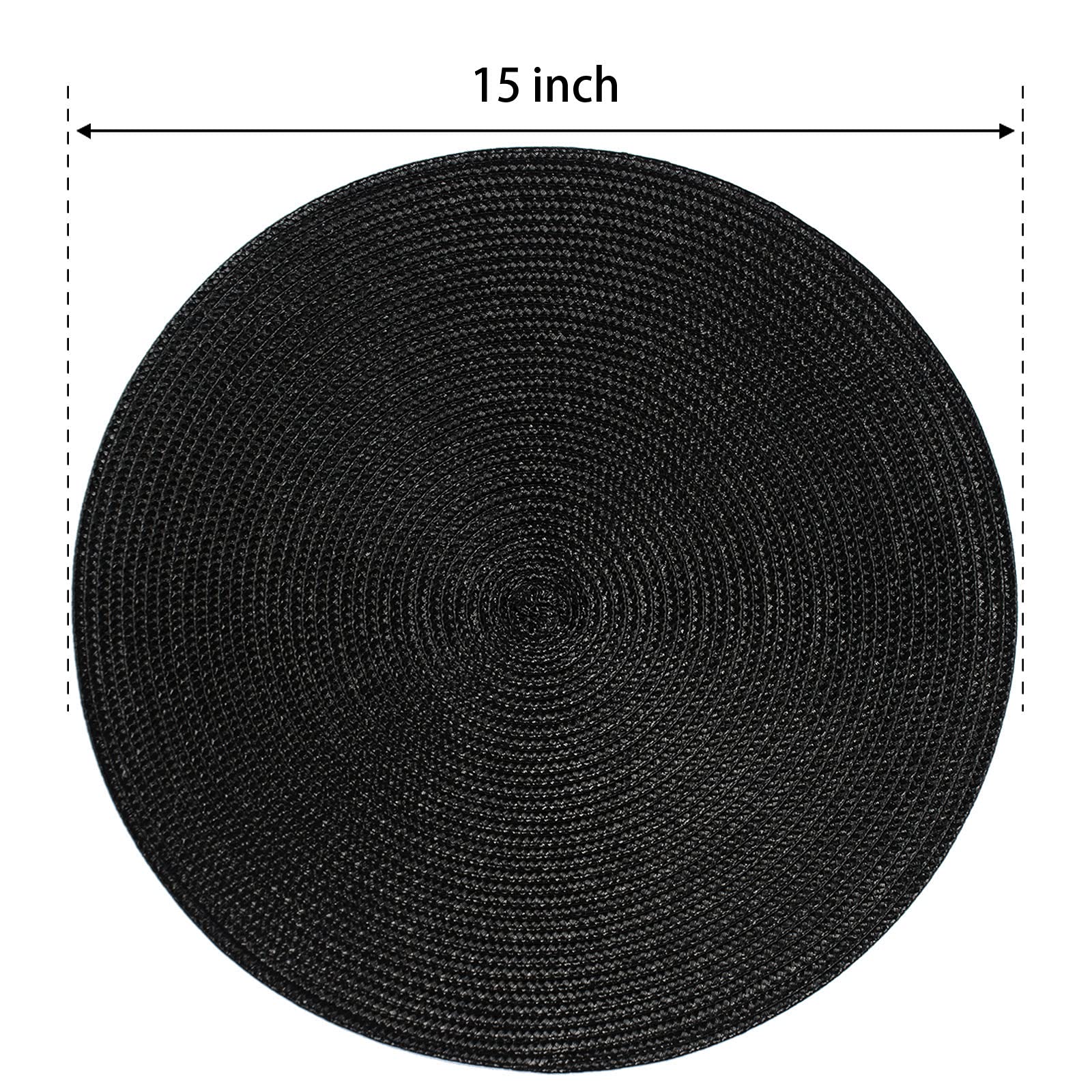 FunWheat Round Braided Placemats Set of 4 - Woven Washable Non-Slip Table Mats for Dining, Kitchen, and Outdoor Use - 15 Inch (Black, 4 Pieces) - Perfect for Everyday Meals, Parties, and Picnics