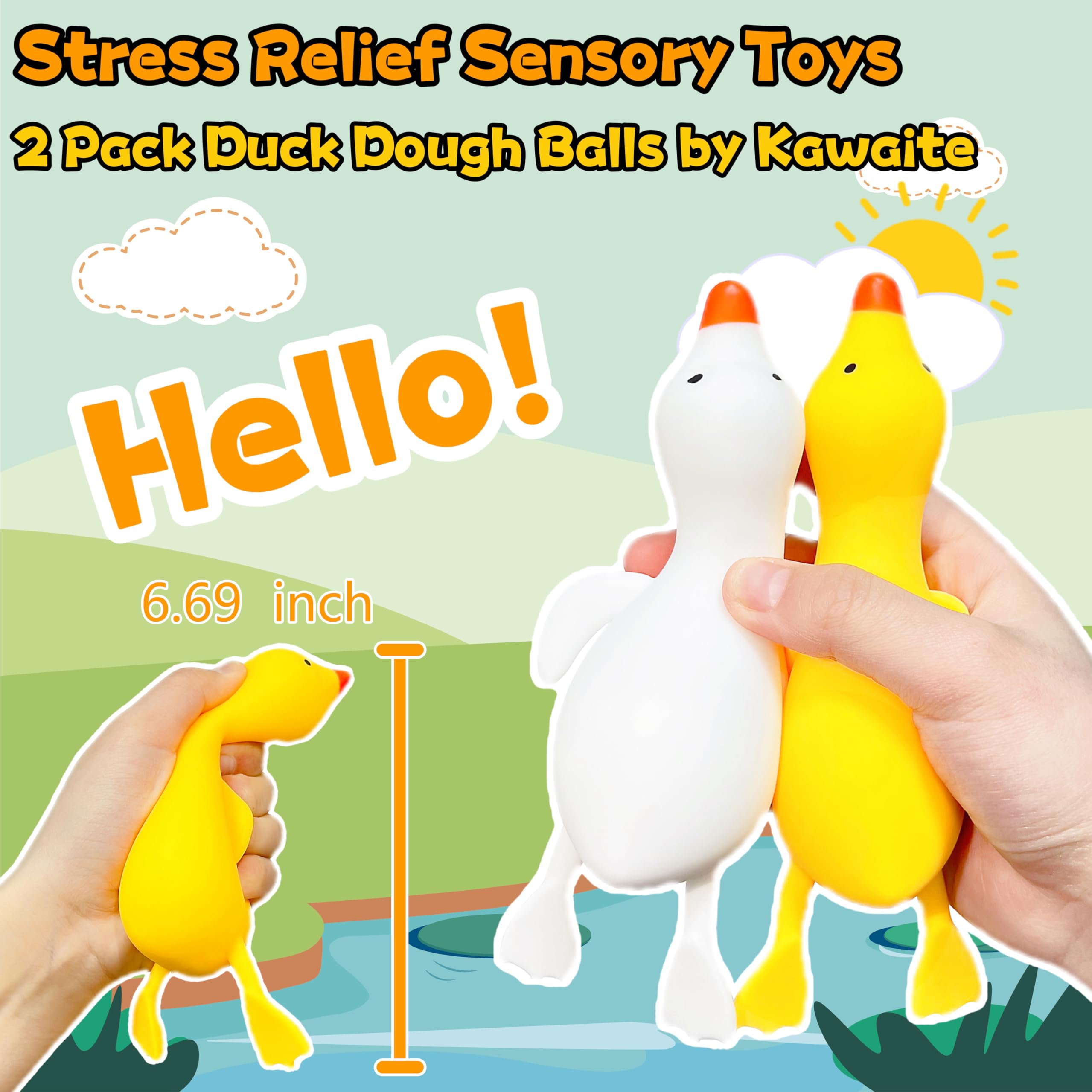Stress Relief Squishy Fidget Toys - Set of 2 Duck-Shaped Squeeze Balls for Kids & Adults | Anxiety Relief Animal Dough Balls for Boys & Girls | Soft Squishy Stress Balls for Office, Classroom & Home Use