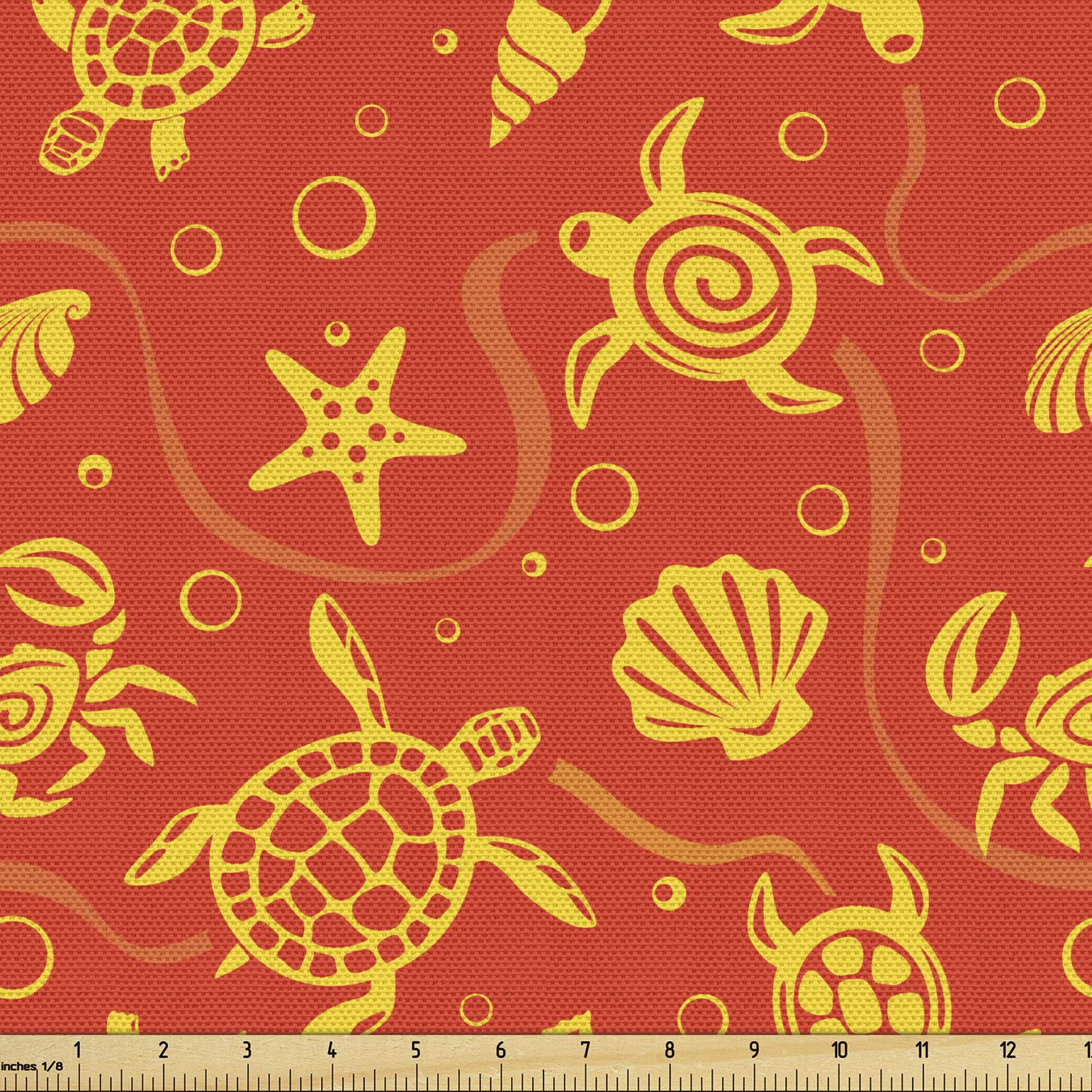 Ambesonne Orange Fabric by The Yard - Swimming Turtles & Crabs with Seashells, Bubbles & Starfish Tropical Print - Decorative Upholstery Fabric for Sofa, Curtains & Home Decor (10 Yards, Burnt Orange) - Perfect for Beach House Decor, Coastal Living Room & Nautical Themed Bedrooms