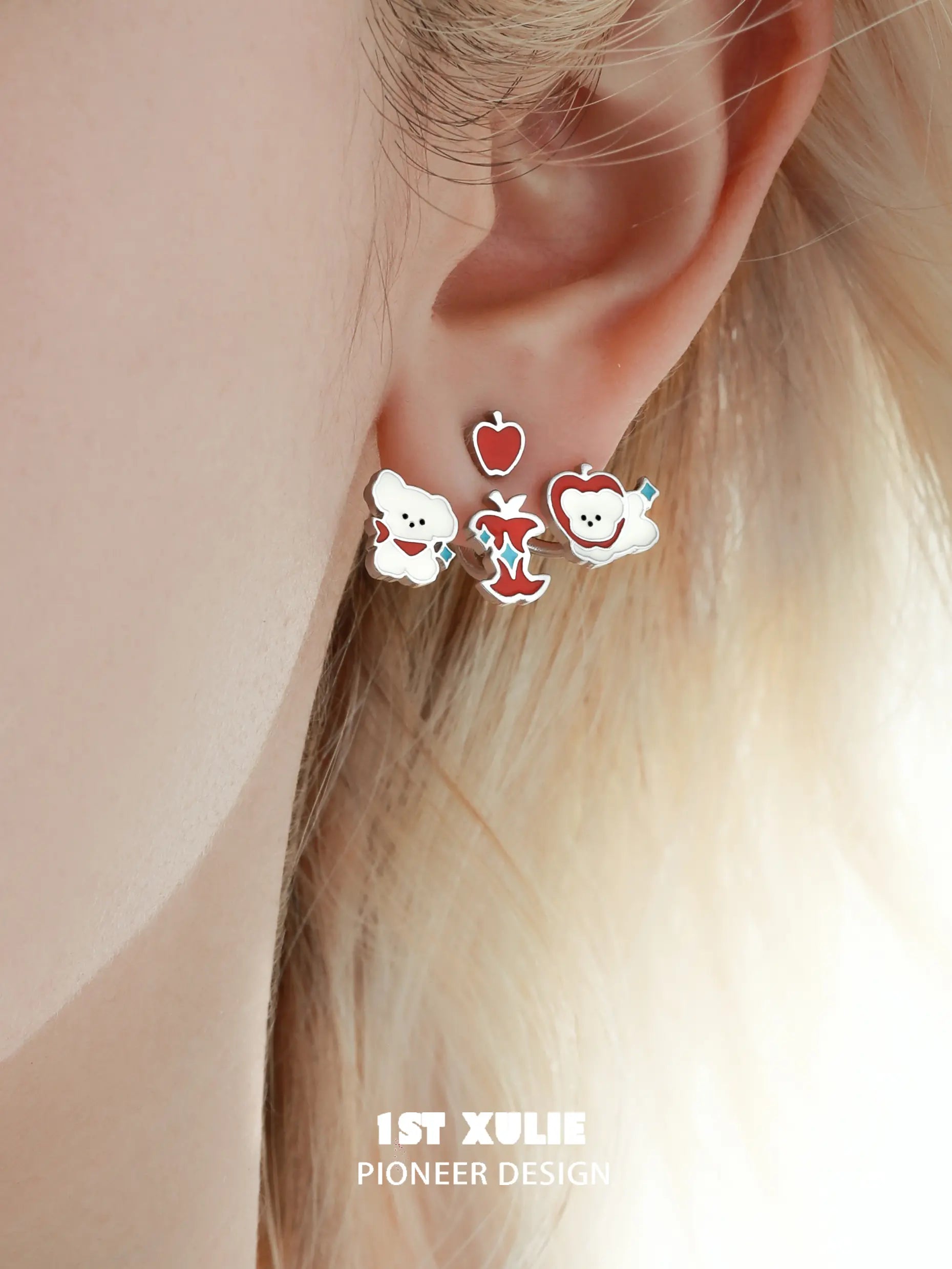 Cuties' Appleland Kitten & Puppy Apple Core 18k Gold Plated Stud Earrings - Perfect for Pet Lovers, Kids Jewelry & Everyday Wear