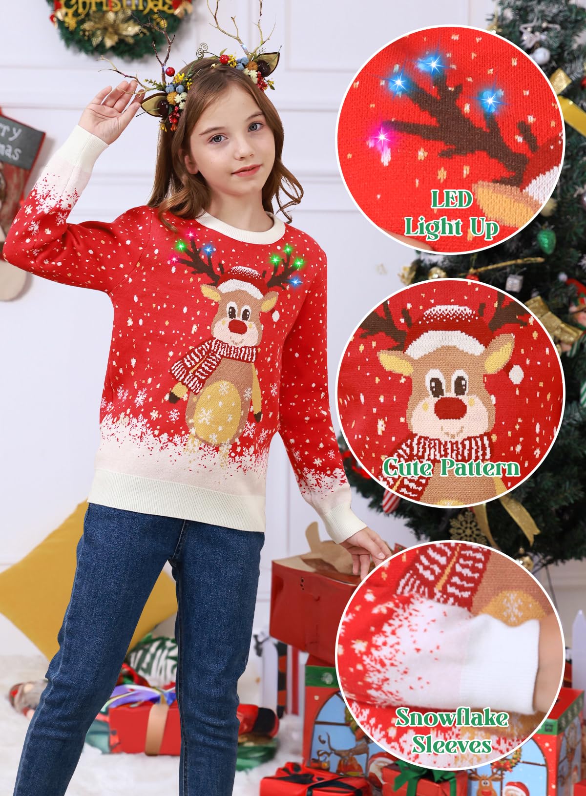 Kids Christmas Ugly Sweater with LED Light Up Reindeer - Boys & Girls Holiday Sweater with Built-in Light Bulbs | Fun Xmas Party Outfit & Family Photo Costume