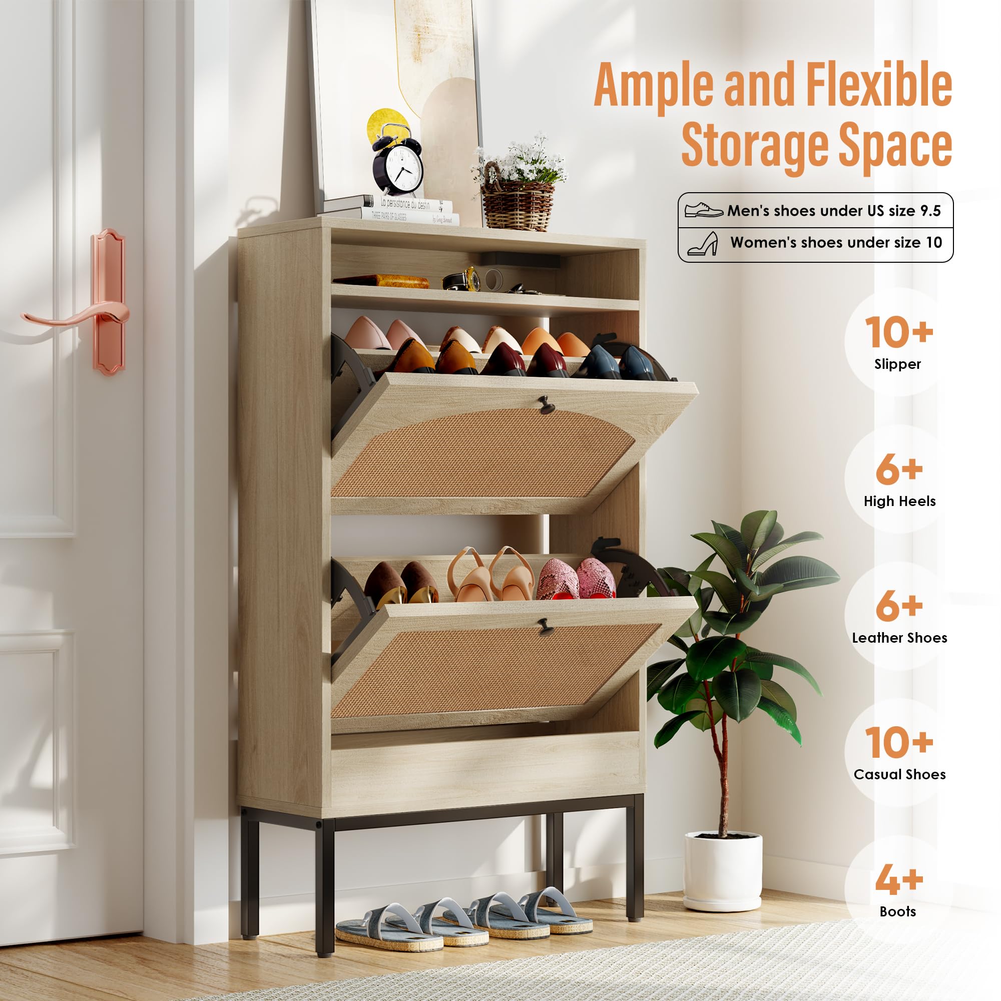Answanie Narrow Shoe Storage Cabinet with Rattan Doors - Slim Hidden Shoe Rack with 2 Flip Drawers & Charging Station - Space-Saving Entryway Hallway Organizer for Small Spaces (Oak, Small) - Perfect for Apartments, Dorm Rooms & Closet Organization