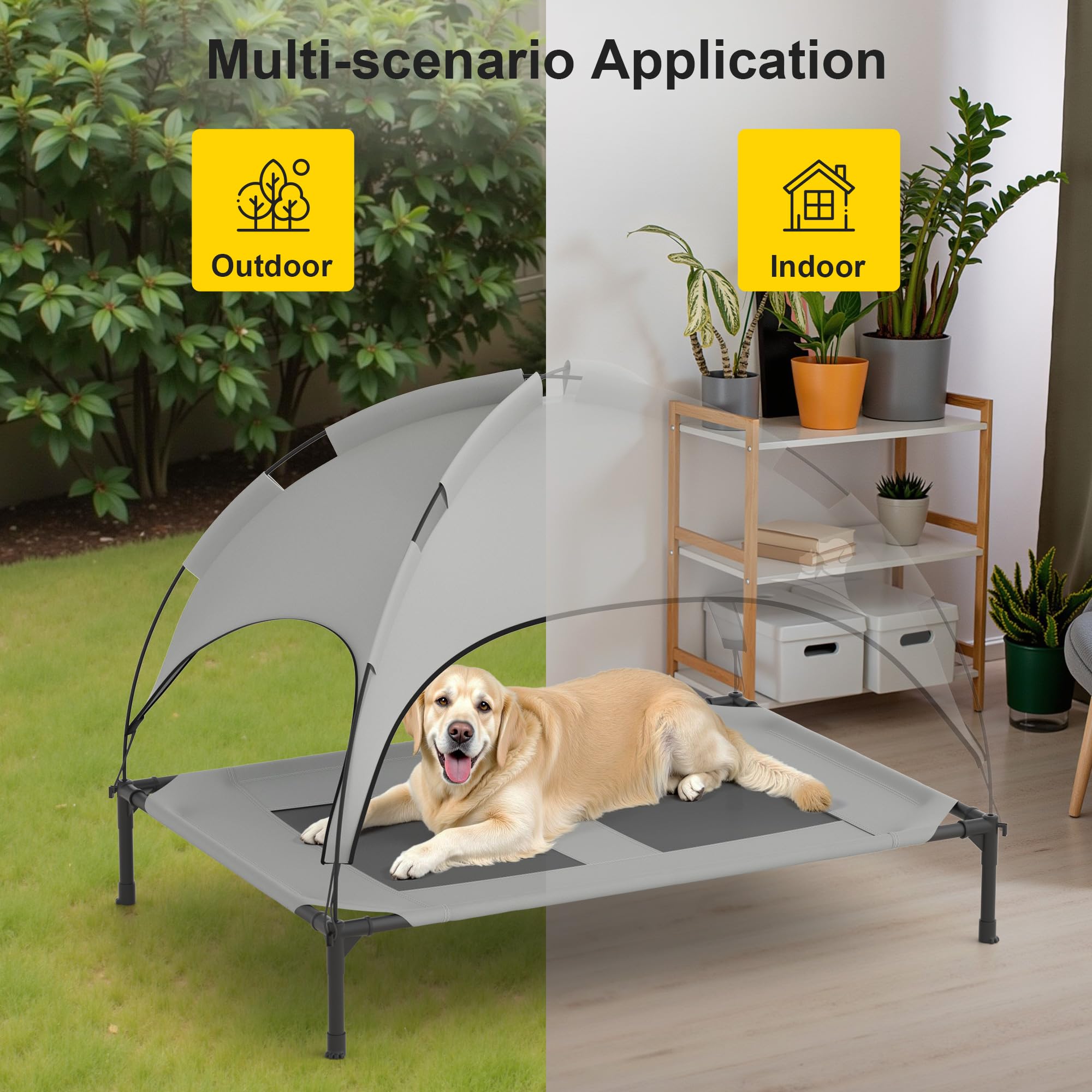 GOJOOASIS Waterproof Outdoor Dog Bed with Removable Canopy Tent - Elevated Pet Cot for Medium Dogs & Cats - Grey - Perfect for Camping, Backyard, Patio & Indoor Use