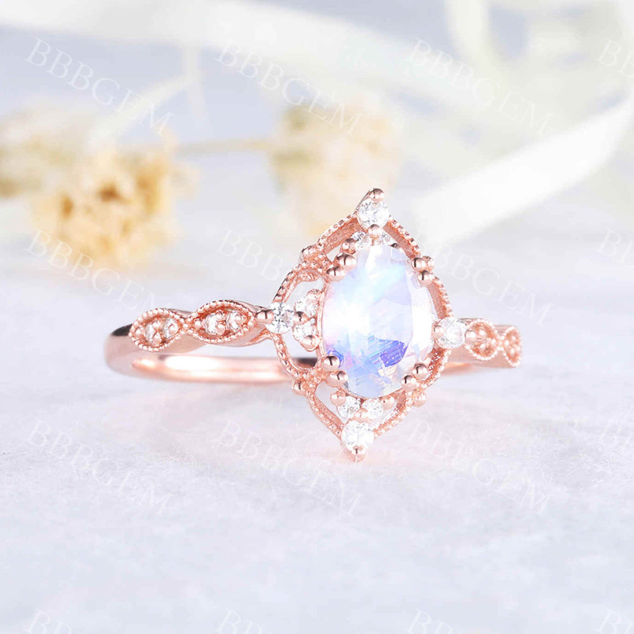 Antique Oval Cut Moonstone & Diamond Engagement Ring with Milgrain Filigree - Vintage Promise Ring for Women, Wedding Proposal, Anniversary Gift, Romantic Occasions