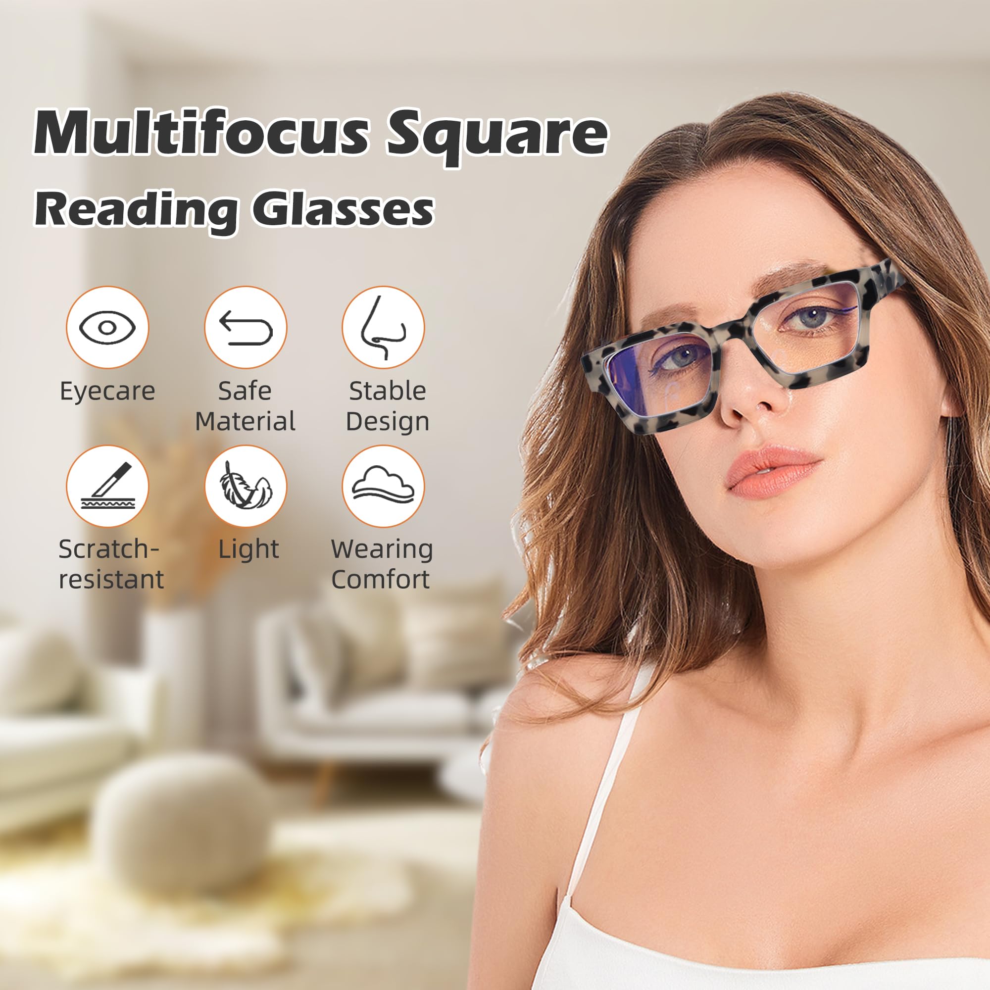 3 Pack Women's Retro Square Progressive Multifocal Reading Glasses - Blue Light Blocking Computer Glasses for Work, Reading & Screen Time