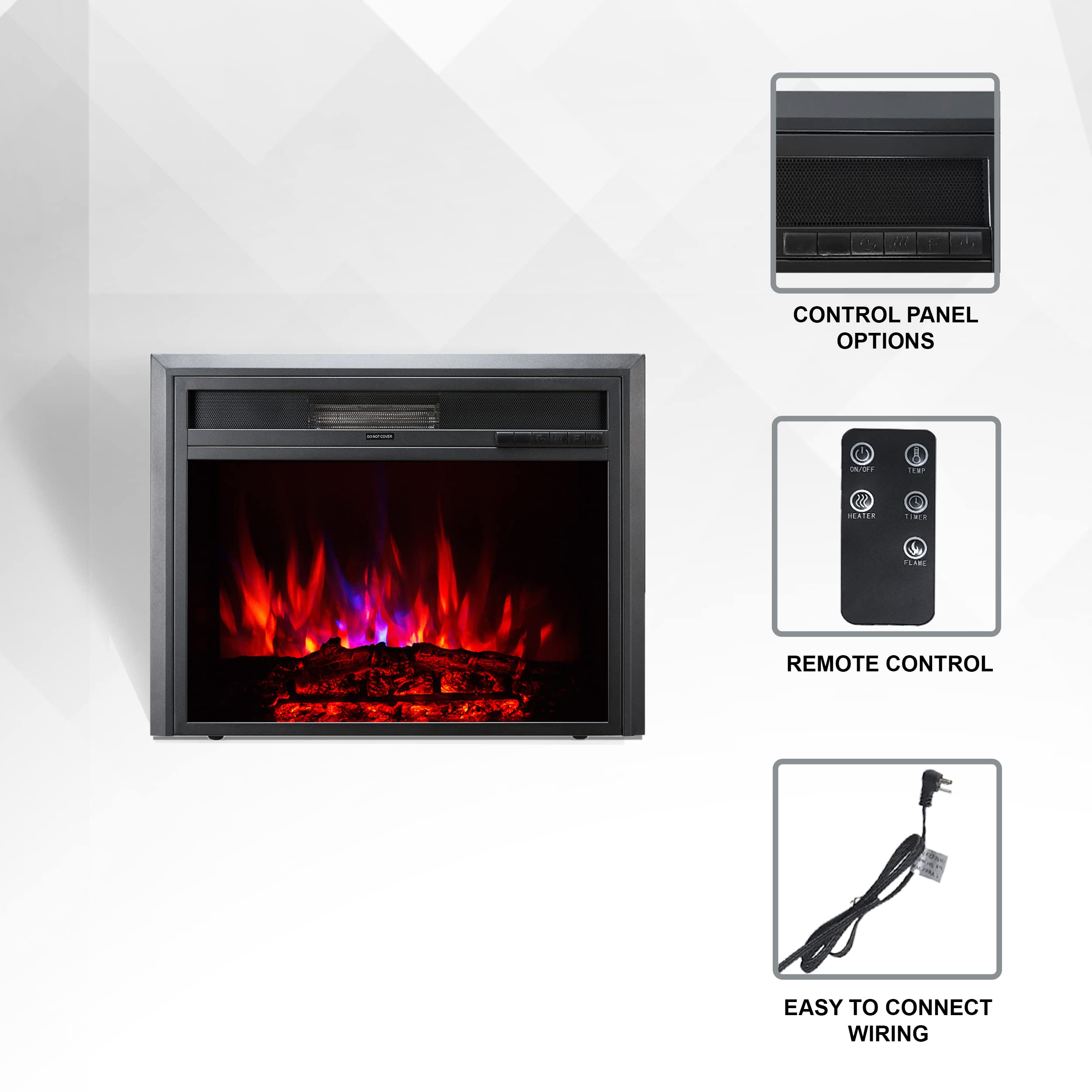XBrand 32 Inch Electric Fireplace Heater with Remote Control - LED Realistic Flame Effect, Adjustable Thermostat & Overheat Protection - Modern Black Glass & Steel Design for Living Room, Bedroom & Office