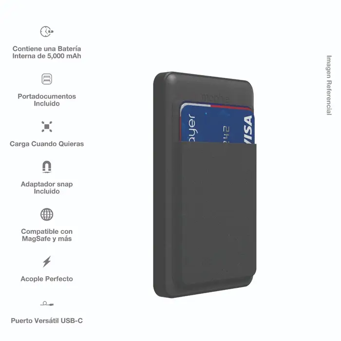 Mophie 5000mAh MagSafe Battery Pack with Wallet & Card Holder - Black | Portable Charger for iPhone 12/13/14 | Perfect for Travel, Work & Daily Commute