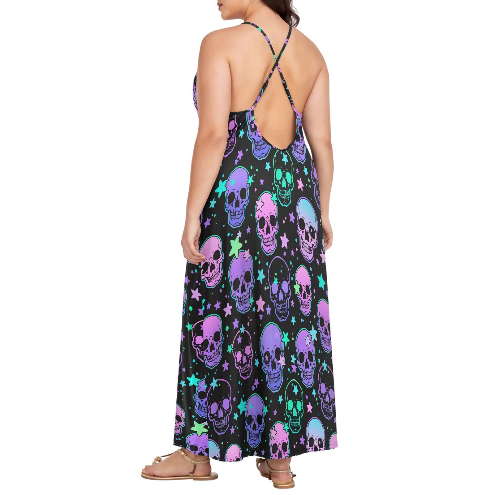 MNSRUU Women's Skull Rose Print Sexy Summer Beach Slip Dress - Gothic Floral Sleeveless Maxi Dress for Women, Perfect for Beach Vacation, Party, and Casual Outings