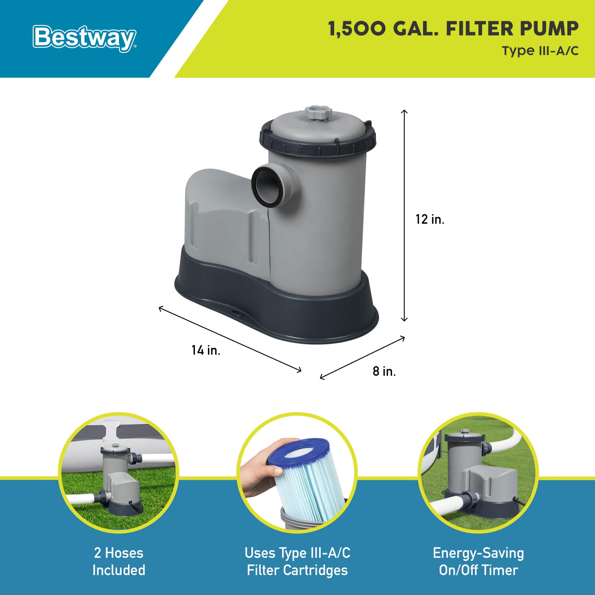 Bestway Flowclear 1500 GPH Above Ground Pool Pump with Automatic Timer - 120V Swimming Pool Filter System with Adapters | Perfect for Backyard Pools, Inflatable Pools & Water Circulation