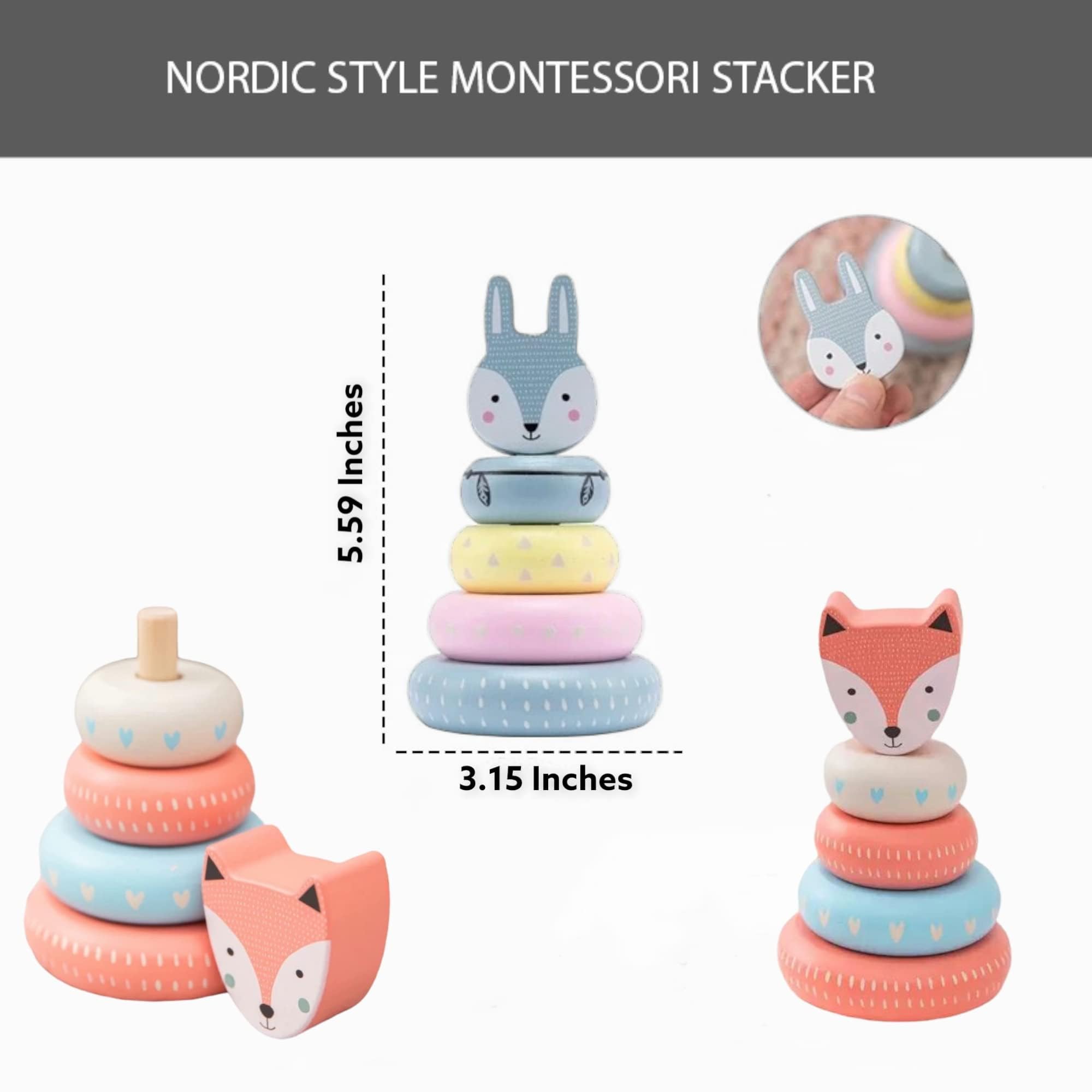 Wooden Stacking Toys for Toddlers 2-4 Years Old - Montessori Educational Learning Stacking Tower with Rabbit Topper - Unisex Baby & Kids Wood Toys for Fine Motor Skills Development - Perfect for Preschool Classroom, Daycare & Home Playtime