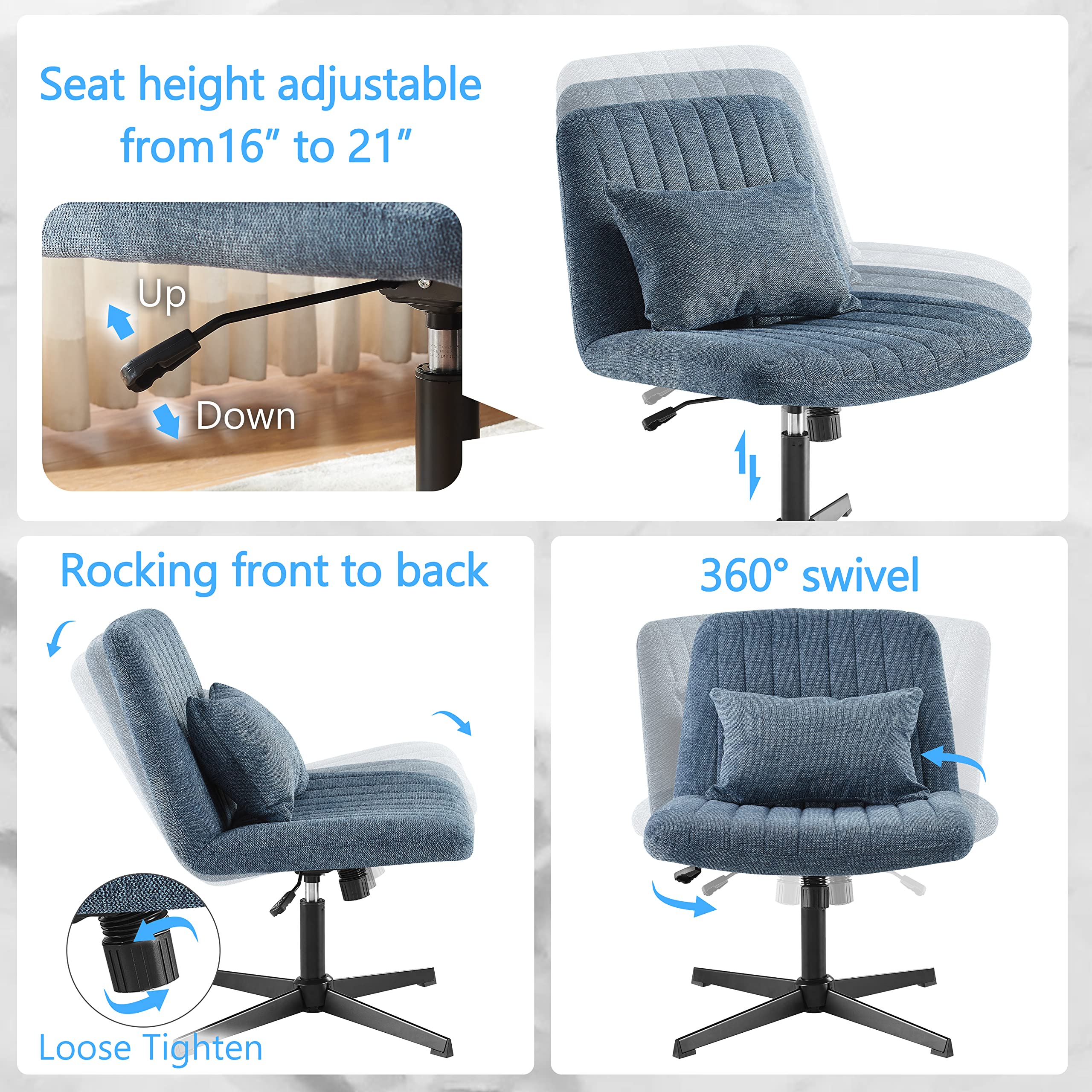 Zouron 360° Swivel Velvet Accent Chair with Ottoman - Adjustable Height Modern Tufted Wingback Club Chair, Upholstered Leisure Chair with Black Metal Legs for Office, Bedroom & Living Room - Perfect for Reading Nooks, Home Theaters and Cozy Conversation Areas (Blue)