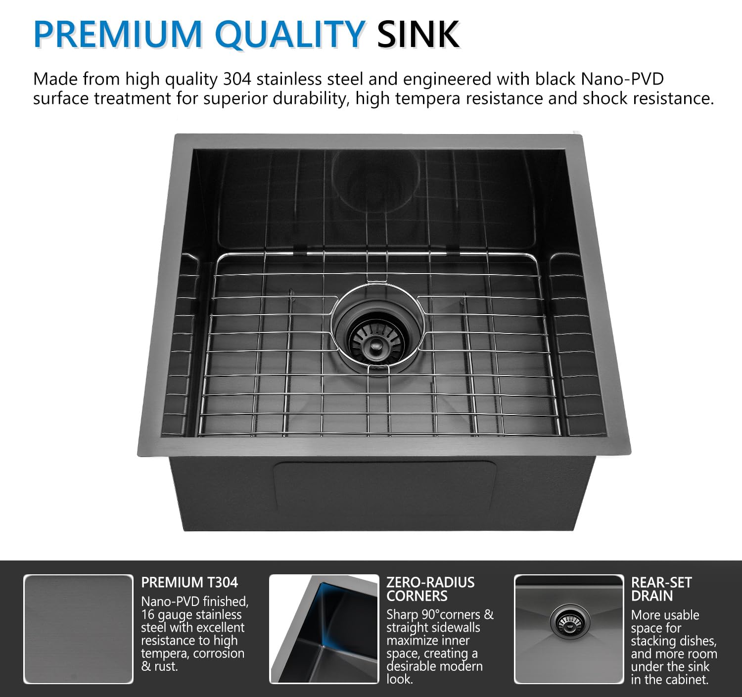Doirteal 21 Inch Undermount Bar Sink - 16 Gauge Gunmetal Black Stainless Steel, 21