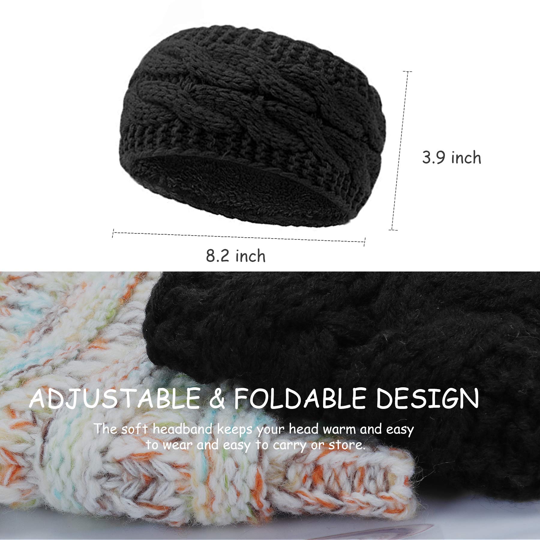 Women's Winter Knitted Headband - Fleece Lined Ear Warmer Headwrap, Crochet Turban Twist Hair Band, Stretchy & Thick for Cold Weather - Perfect for Skiing, Running & Outdoor Activities (JRTD-BK+WHF)