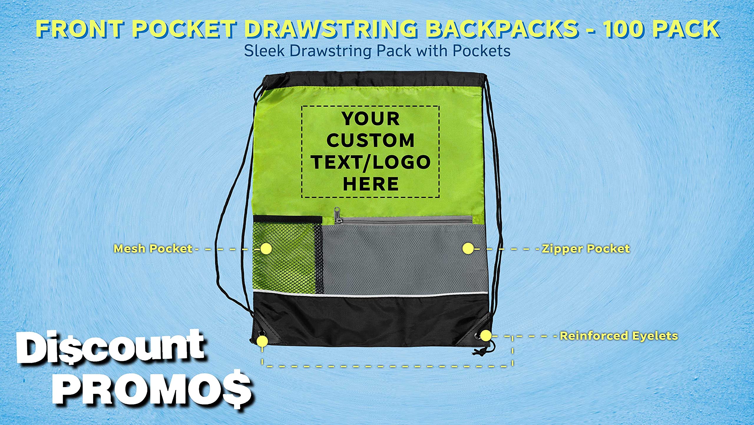 Custom Front Pocket Drawstring Backpacks - Bulk Set of 100 Personalized Reusable Bags | Lightweight Sports & Promotional Backpacks in Lime Green | Perfect for School, Gym, Travel & Events
